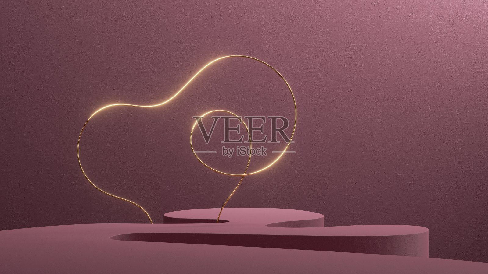 3d渲染，抽象单色粉色背景。现代简约的展示场景与弯曲的黄金线和优质产品展示平台照片摄影图片