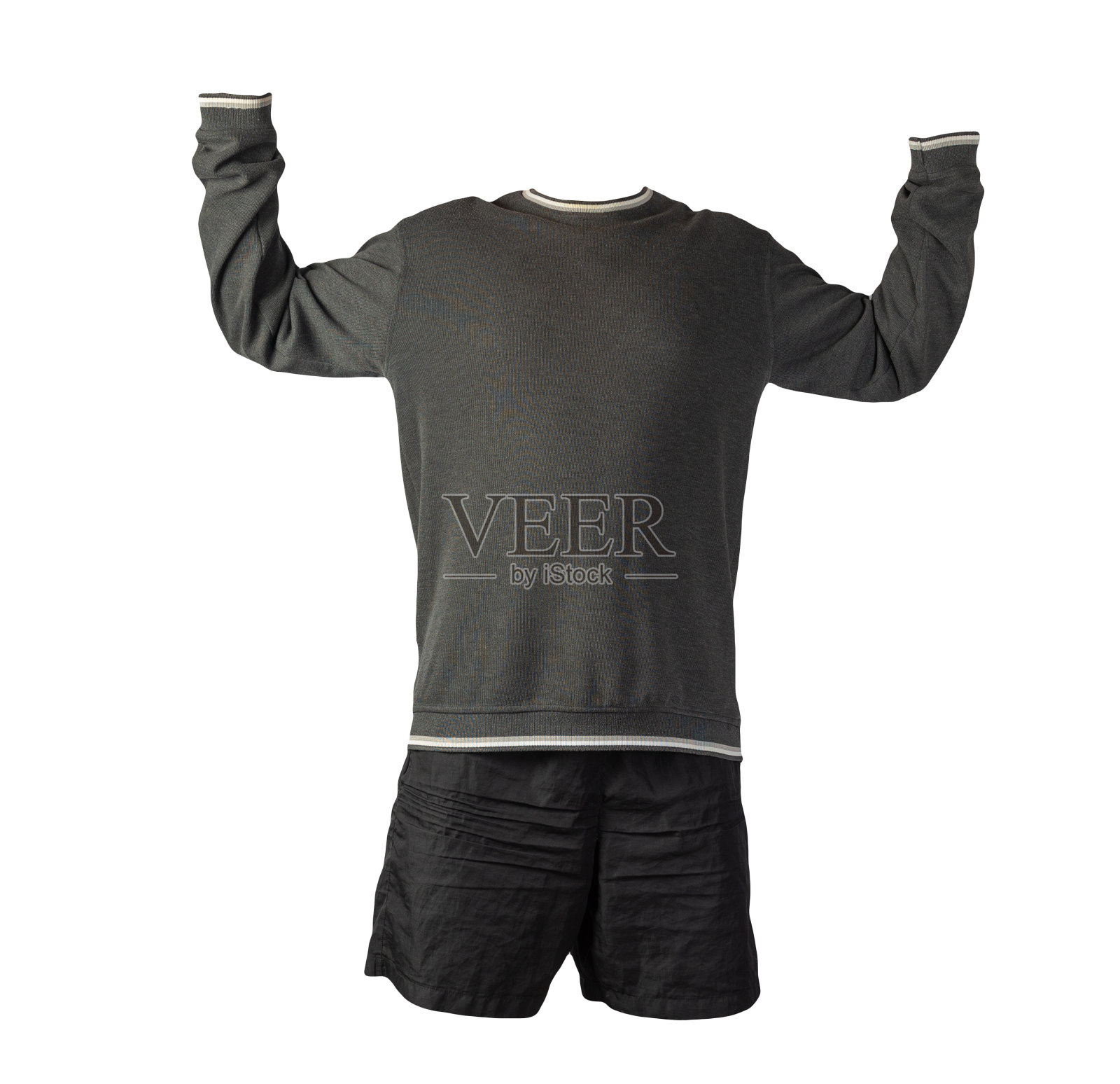 带有兜帽的熨斗拉链的运动衫和孤立在白色背景上的运动短裤。休闲运动服装照片摄影图片