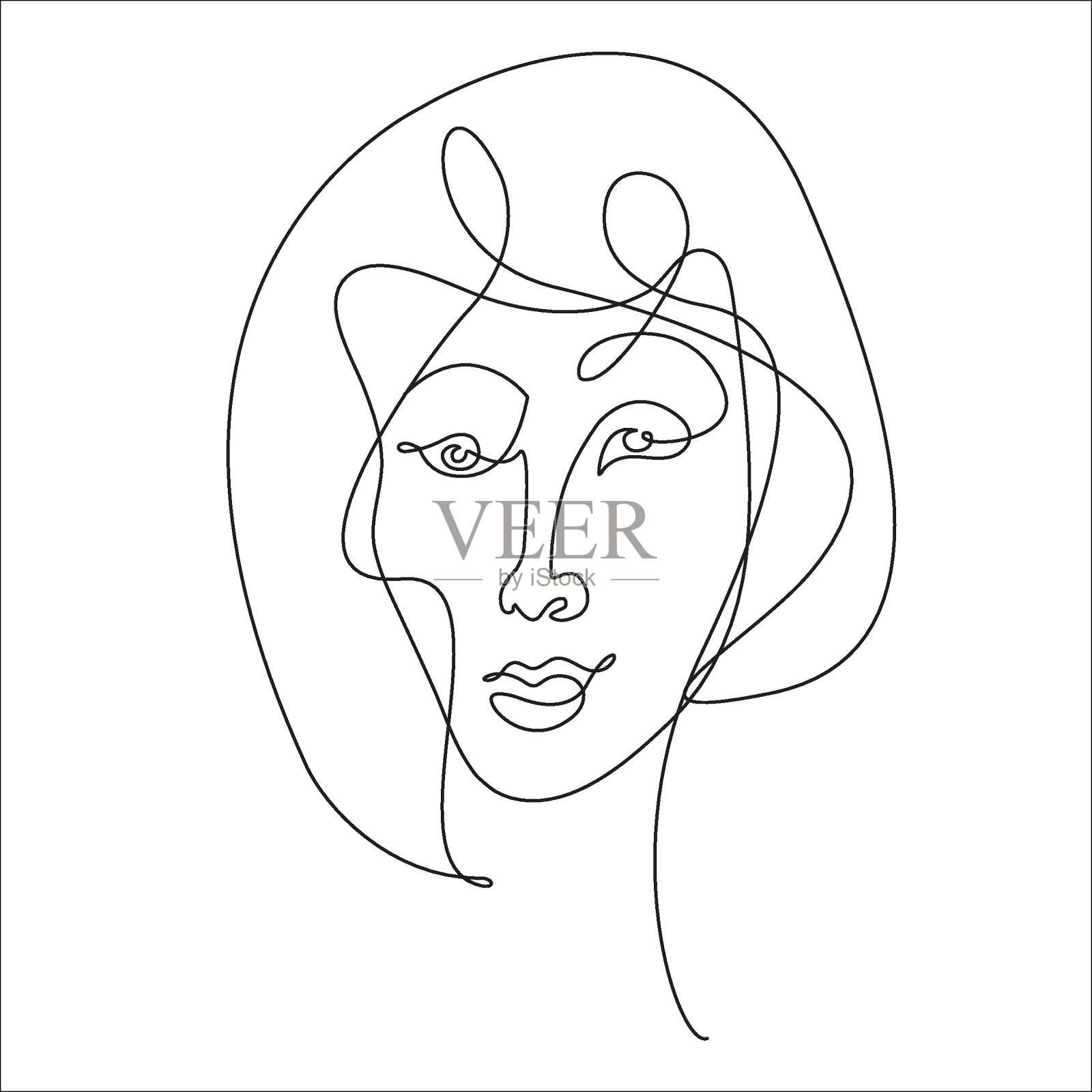 一个女孩的现代肖像在一条线与元素在向量插画图片素材