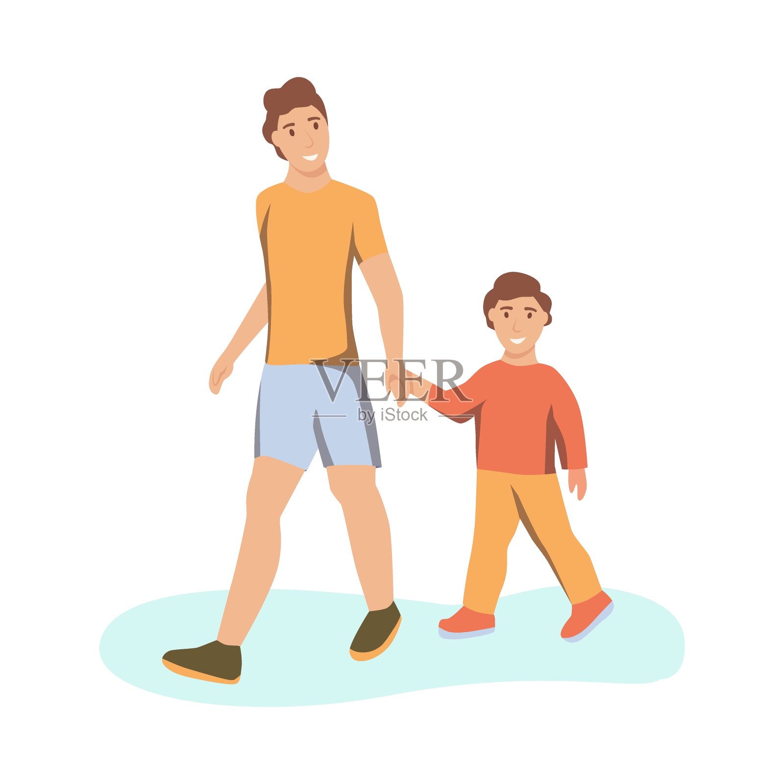 一个年轻人和他的儿子手牵着手走着。这些人物都是时髦的人。平面卡通矢量插图。插画图片素材