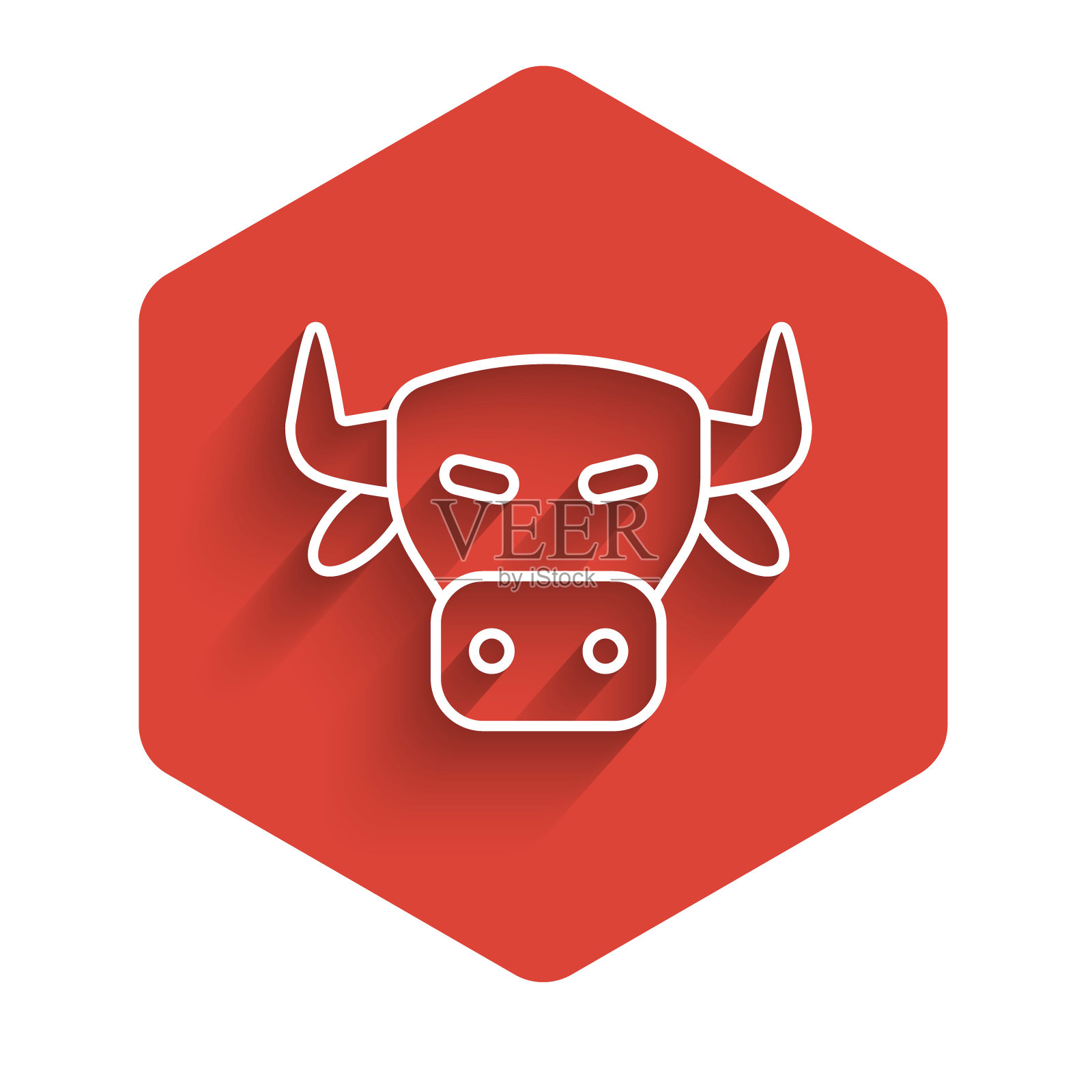 白线牛头图标孤立与长影子。红色的六角按钮。向量图标素材