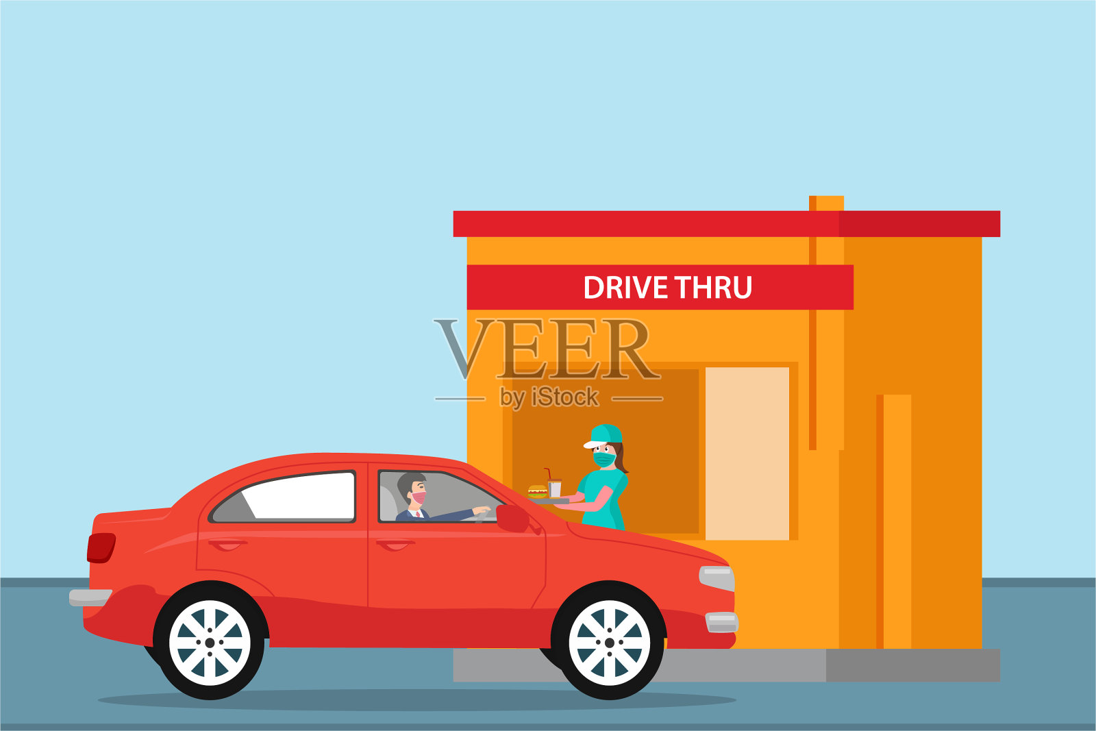 顾客在得来速服务领取食物插画图片素材