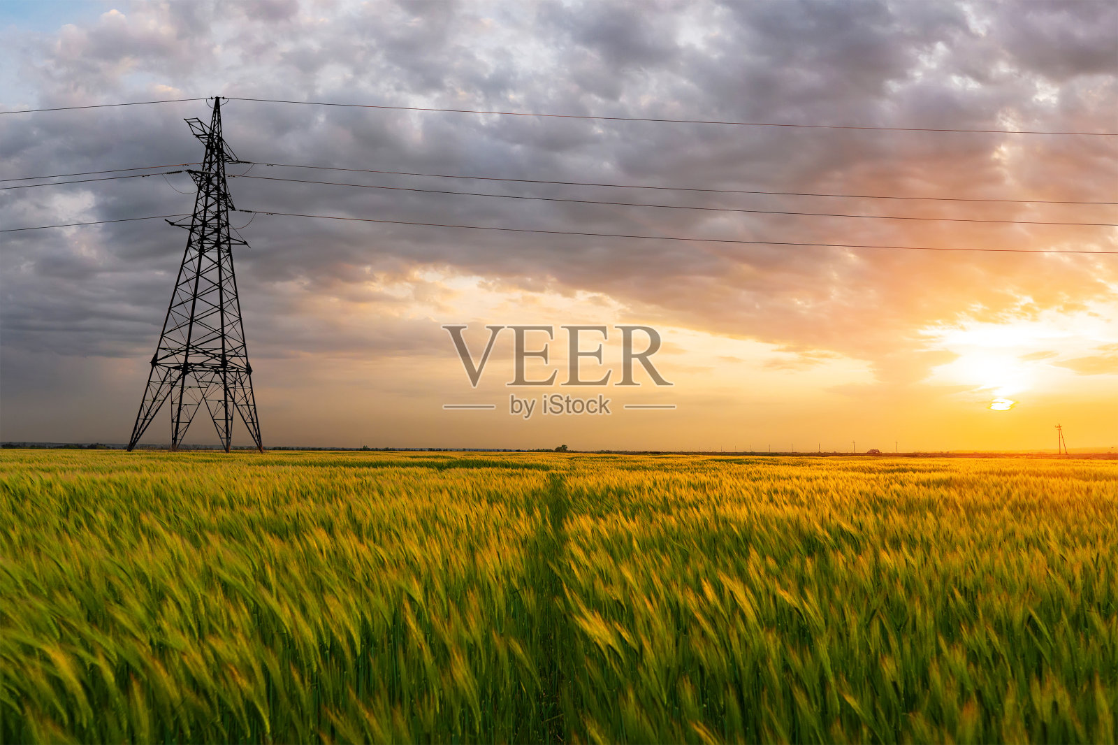 高压电线，在一个绿色的田野，背景是一个戏剧性的日落照片摄影图片