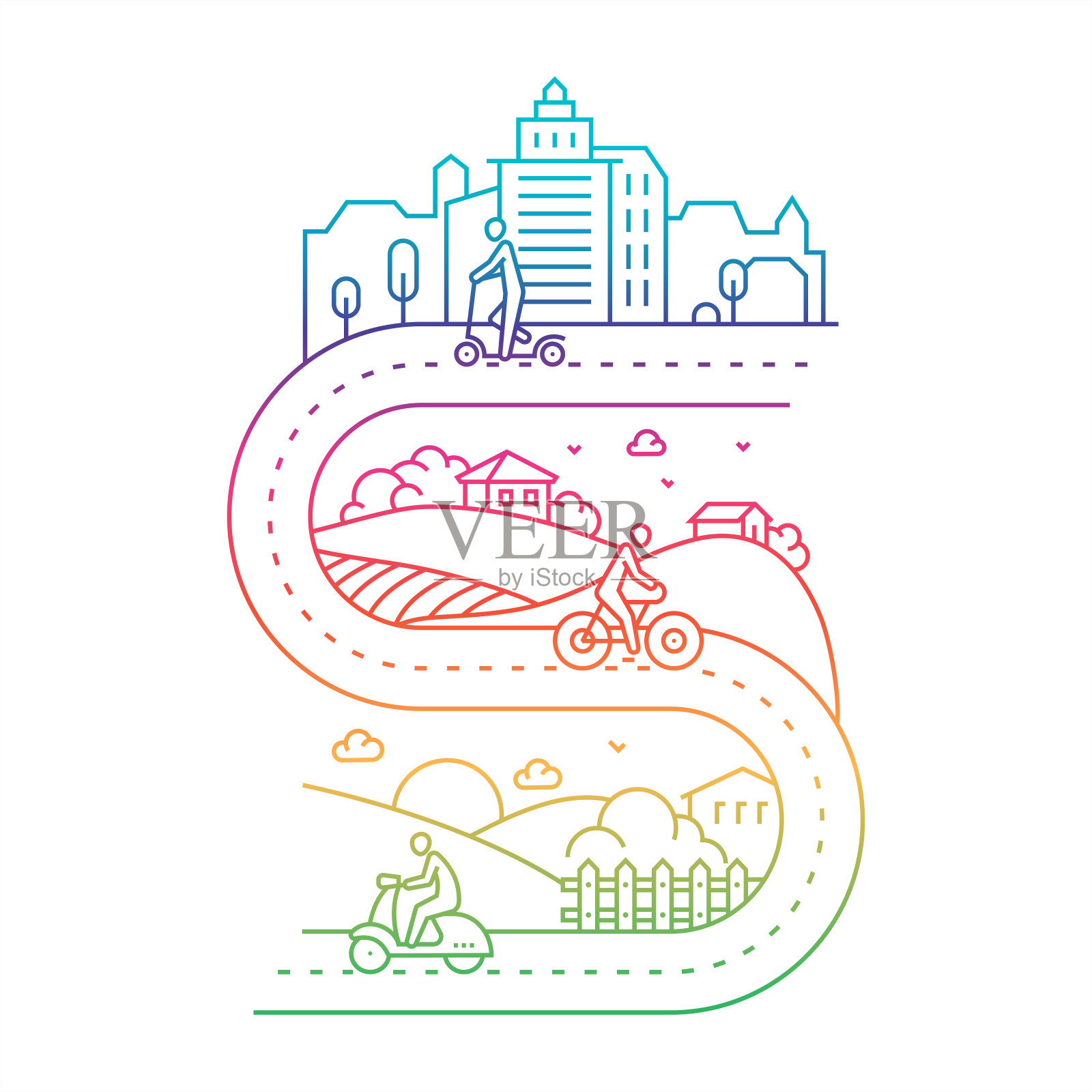 骑自行车，踏板车和摩托车，户外娱乐线性插图概念孤立在白色背景插画图片素材