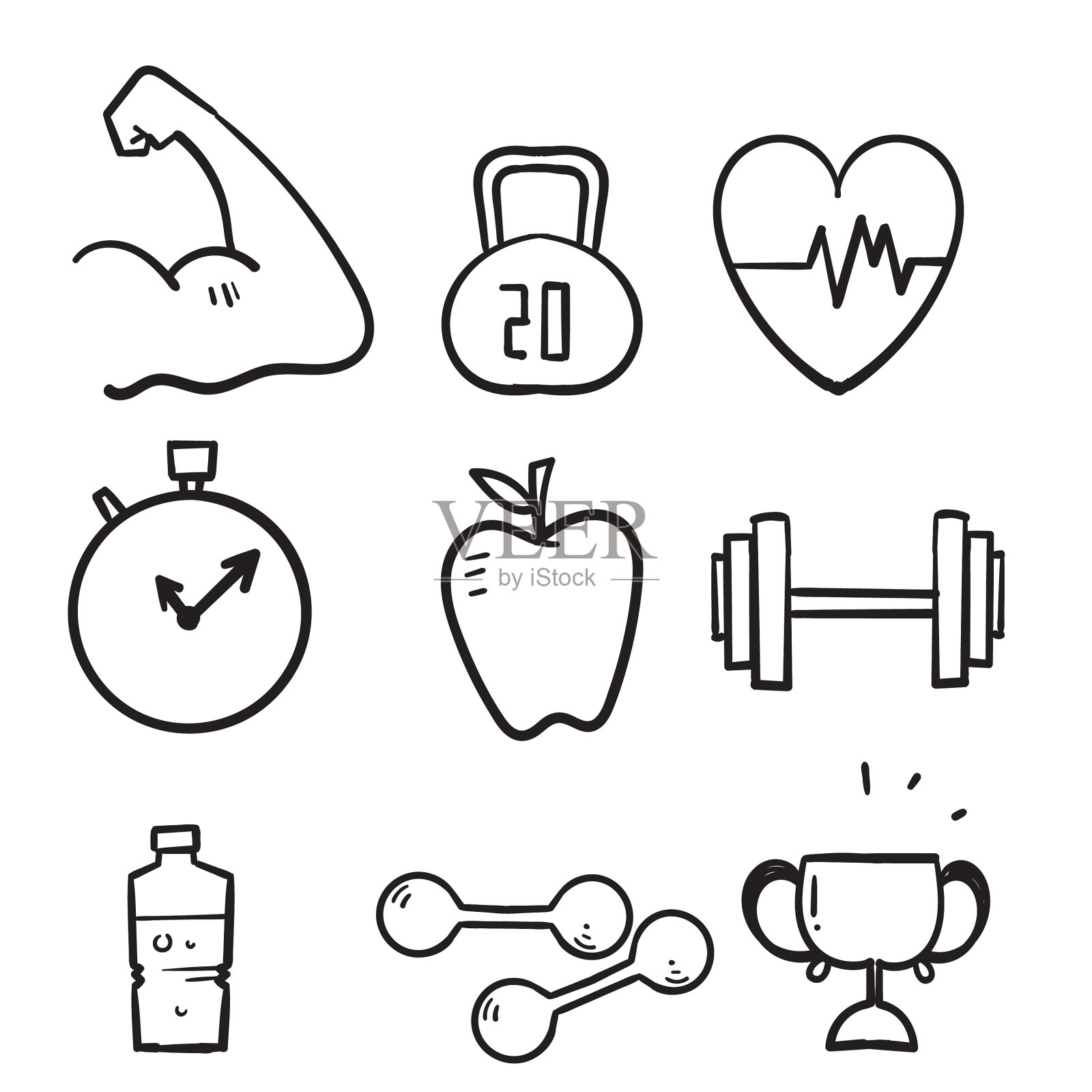 手绘健身和运动图标设置健康图标素材