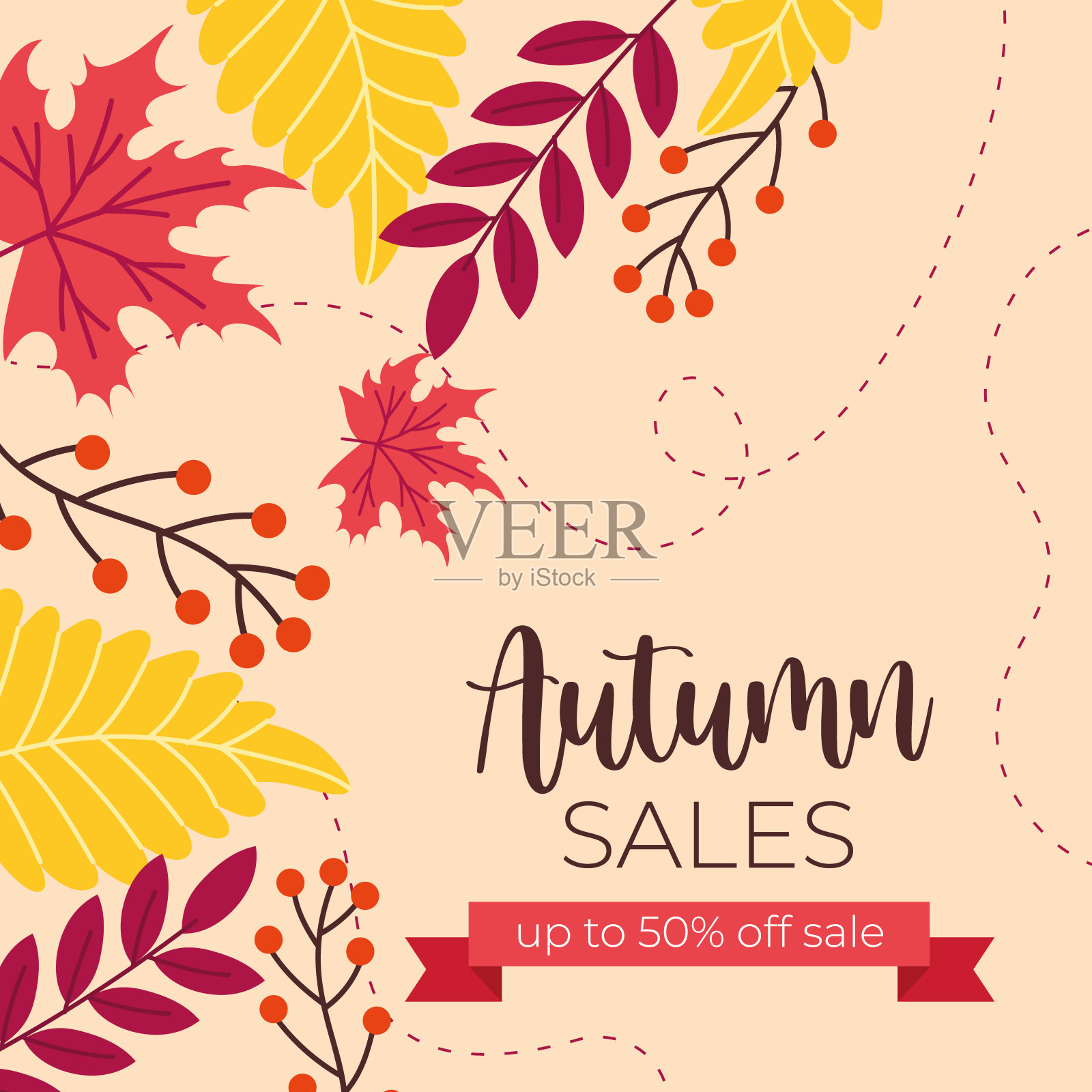 秋季销售海报与字母和粉红色缎带框架设计元素图片