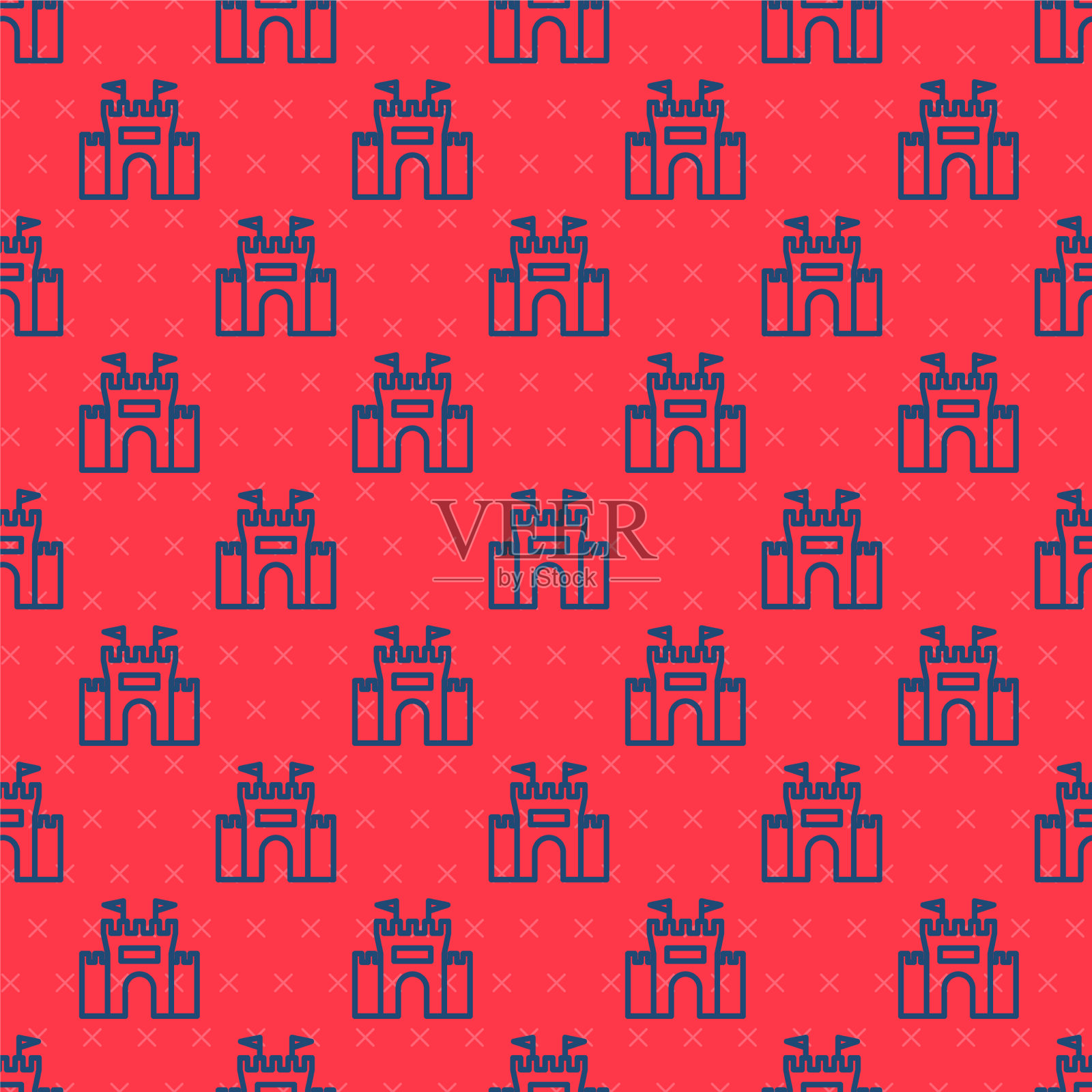 蓝线城堡图标隔离无缝图案上插画图片素材