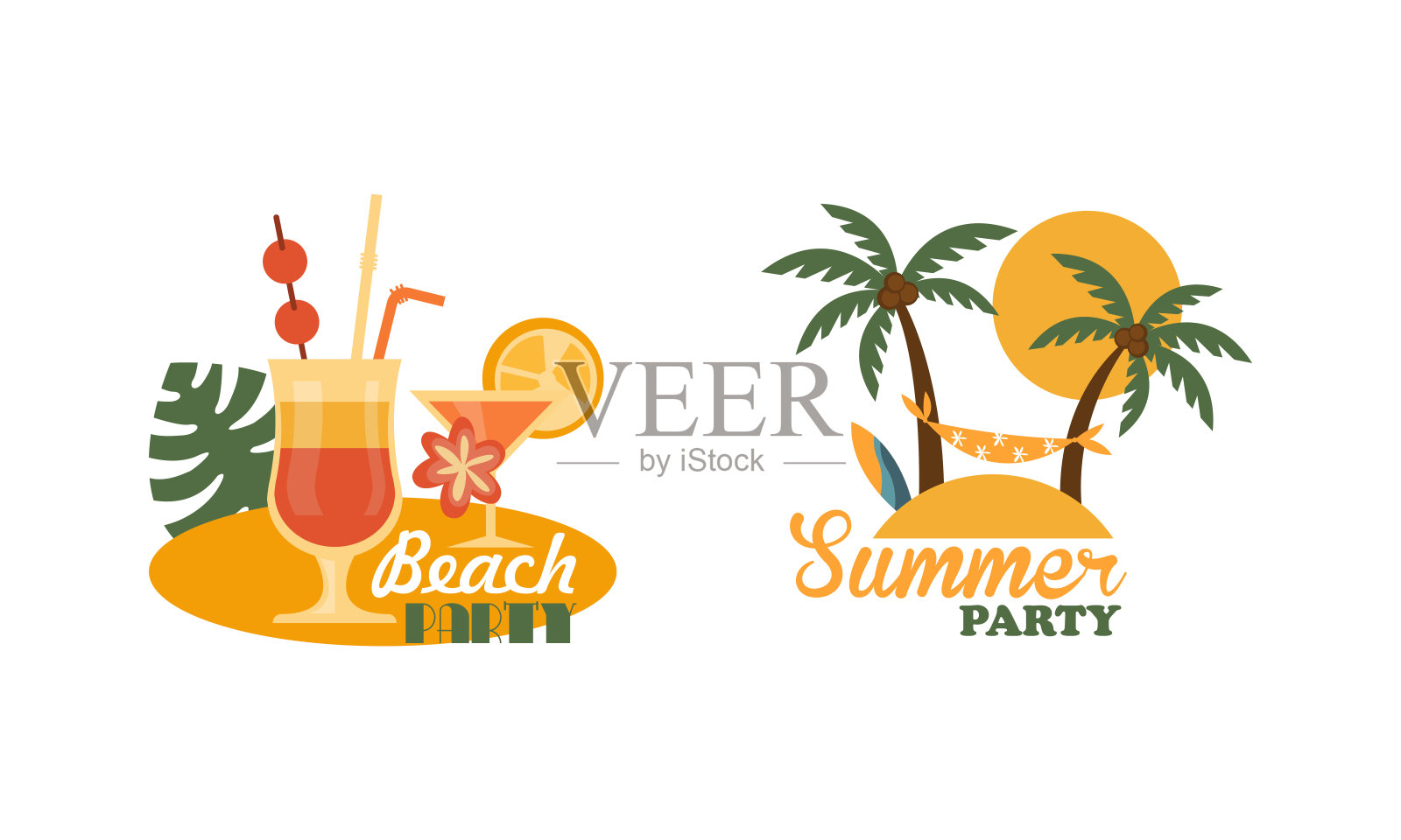 组成与鸡尾酒吧和棕榈树吊床作为海滩假日和暑假在海滨矢量集插画图片素材