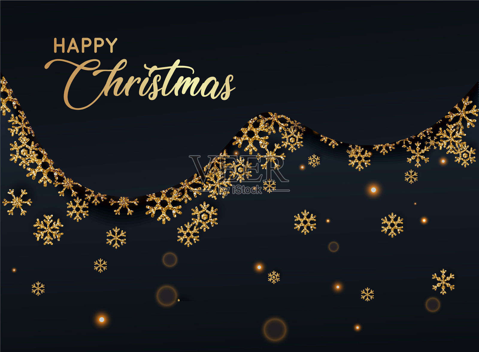 圣诞快乐，金色的雪花在黑暗中闪闪发光设计模板素材