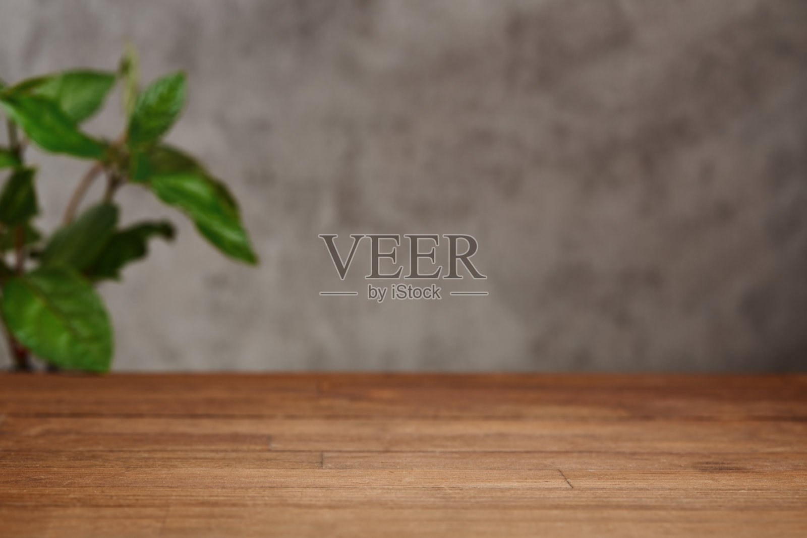 空的乡村木桌与散焦混凝土墙和植物在背景照片摄影图片