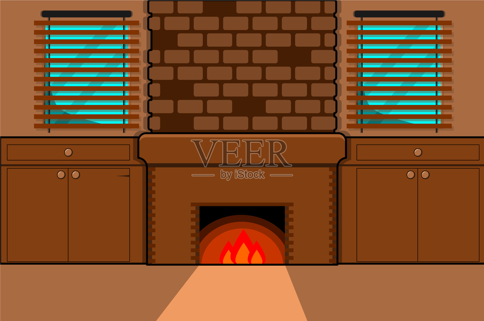 客厅里有一个棕色的壁炉和砖插画图片素材