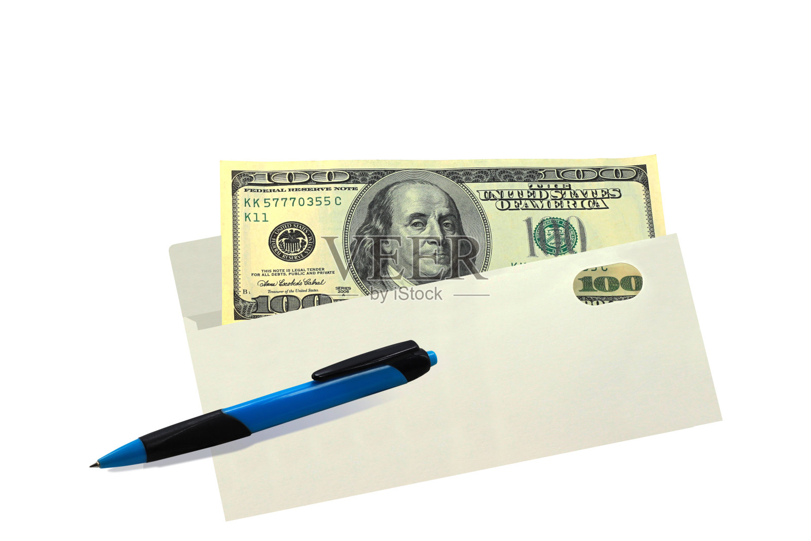 一百美元在白色的信封和钢笔孤立在白色的背景接近照片摄影图片