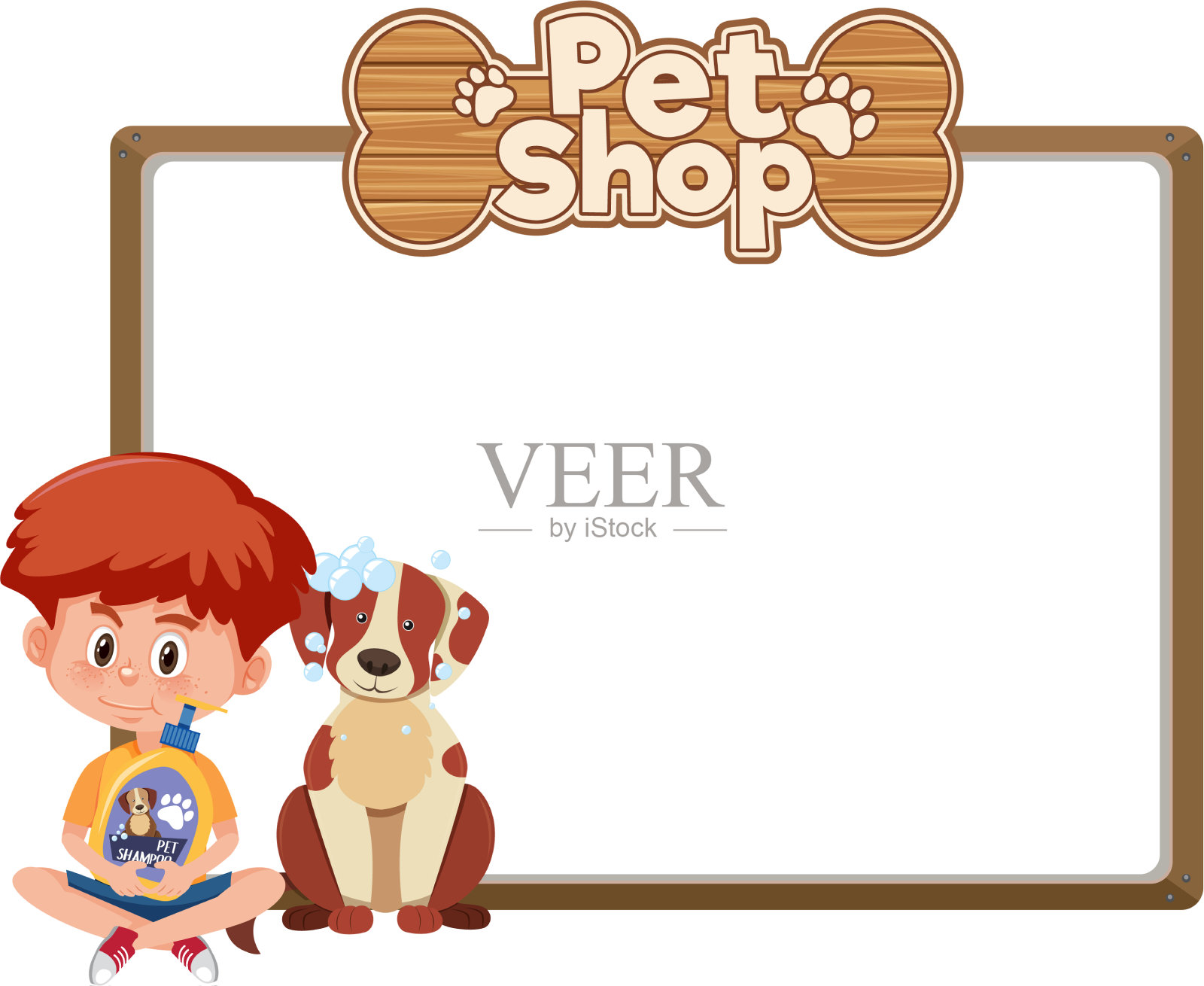 空白横幅与孩子和可爱的狗和宠物商店插画图片素材