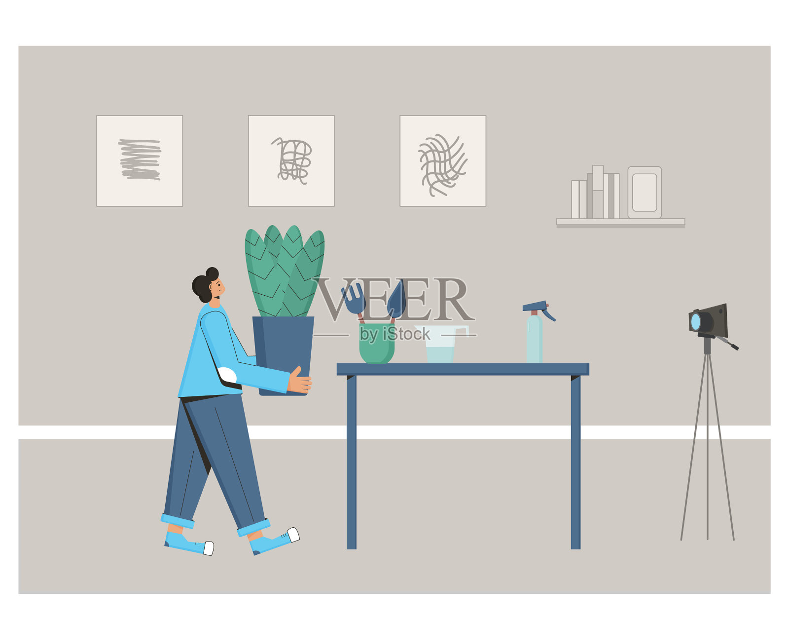 植物爱好者与室内花盆插画图片素材