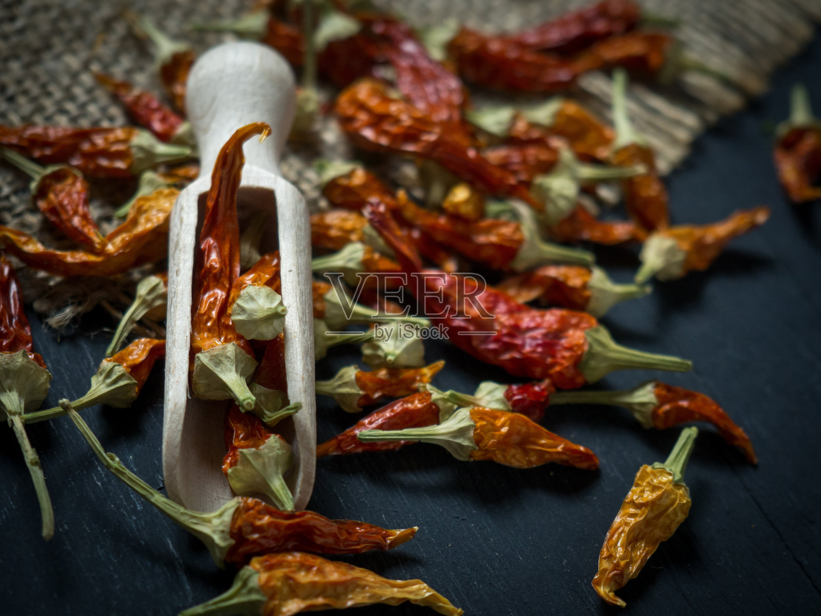 木勺上放干辣椒，黑色背景，文字空间照片摄影图片