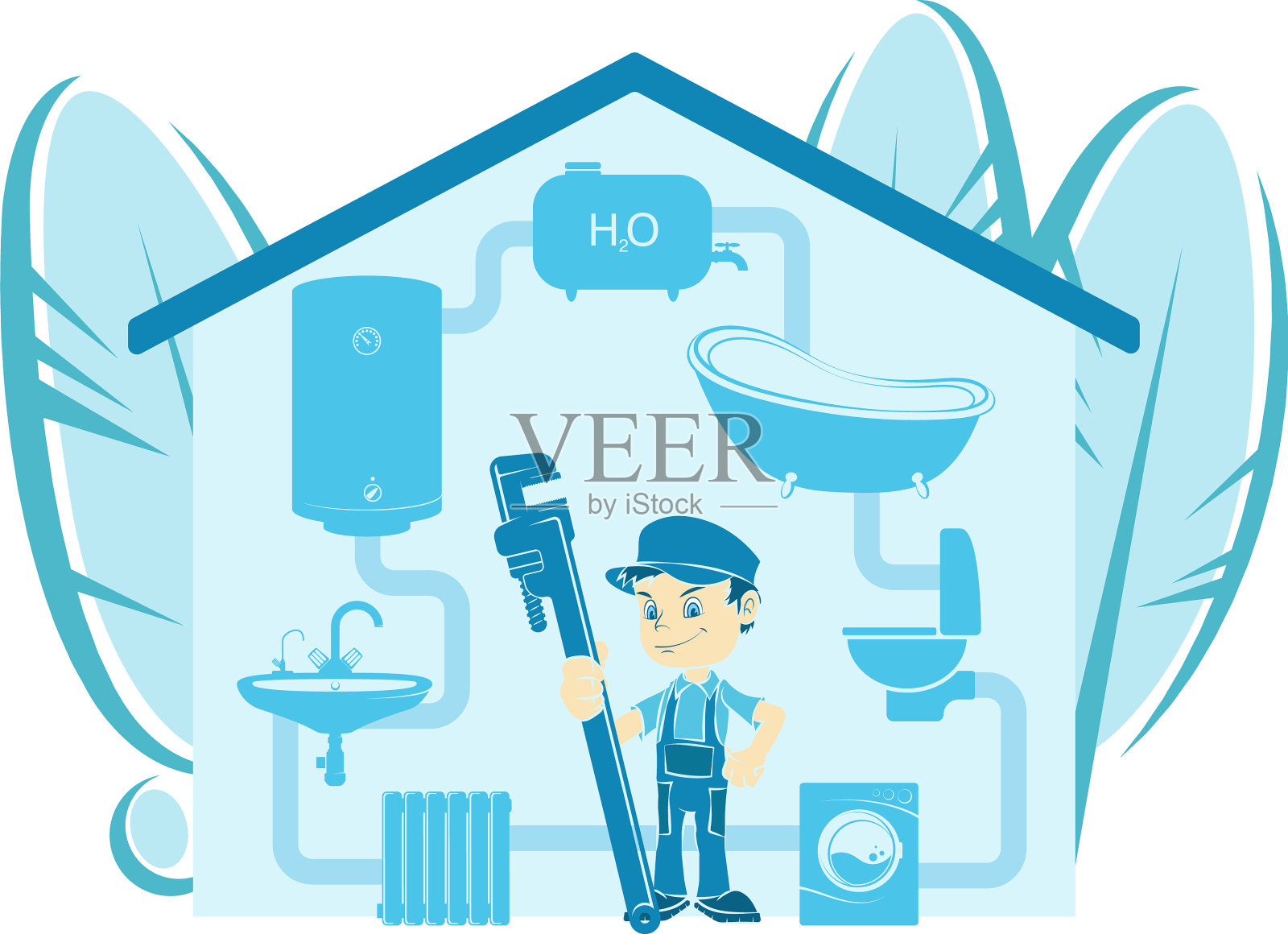 管道工用扳手和房子插画图片素材