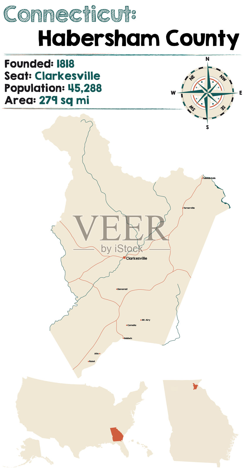 绘制乔治亚州哈伯舍姆县的地图插画图片素材