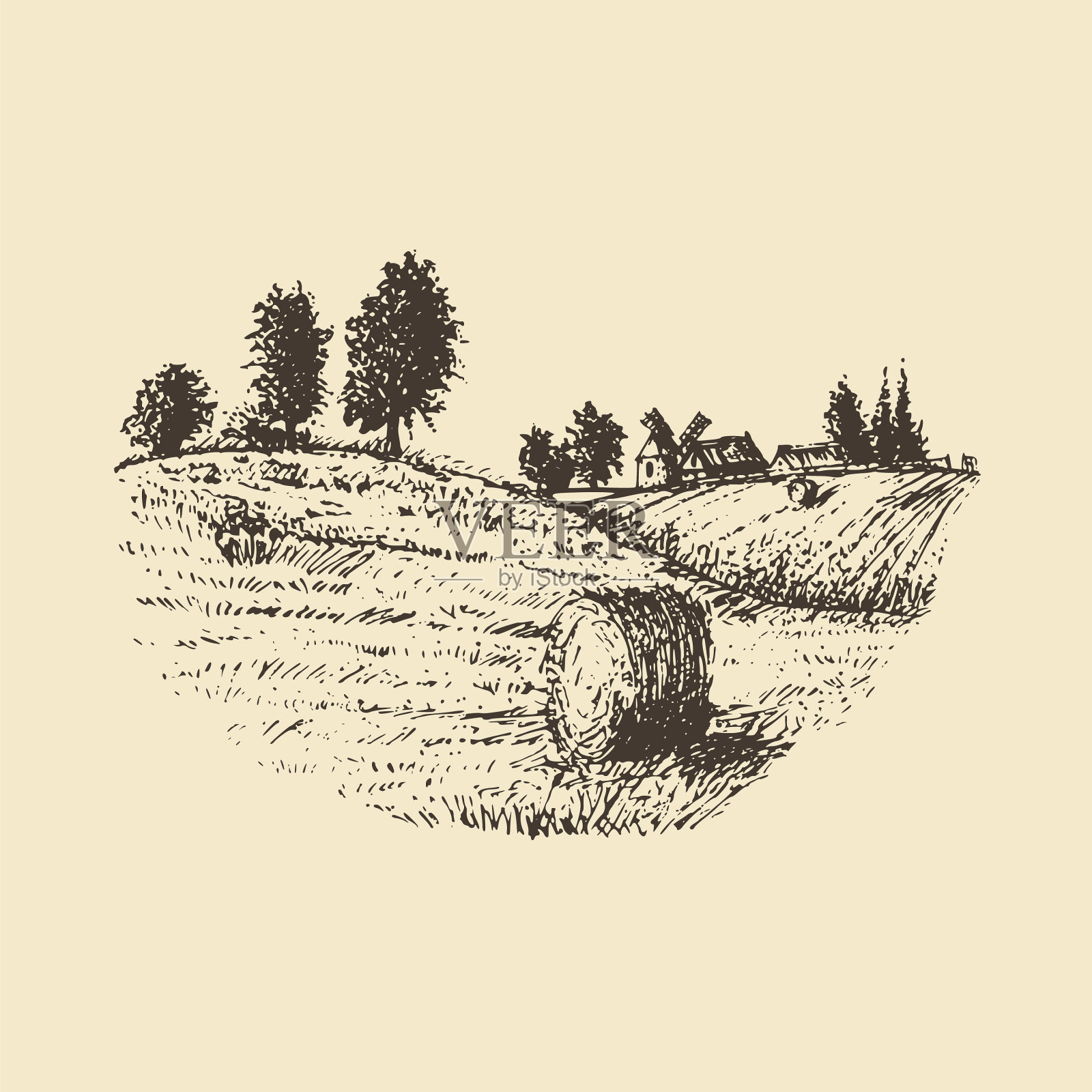 用修剪过的田野勾勒乡村景观插画图片素材