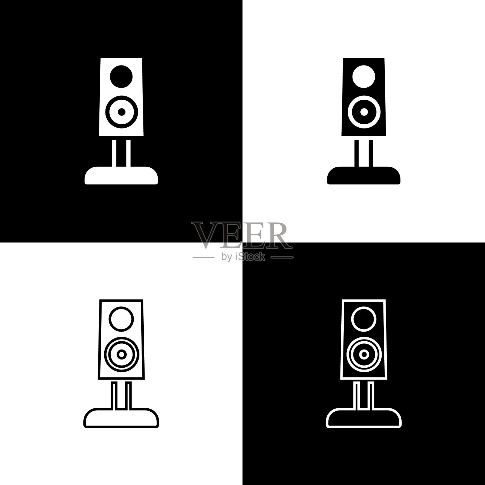设置立体声扬声器图标孤立的黑色和白色背景。音响系统扬声器。音乐图标。音乐圆柱扬声器低音设备。向量图标素材