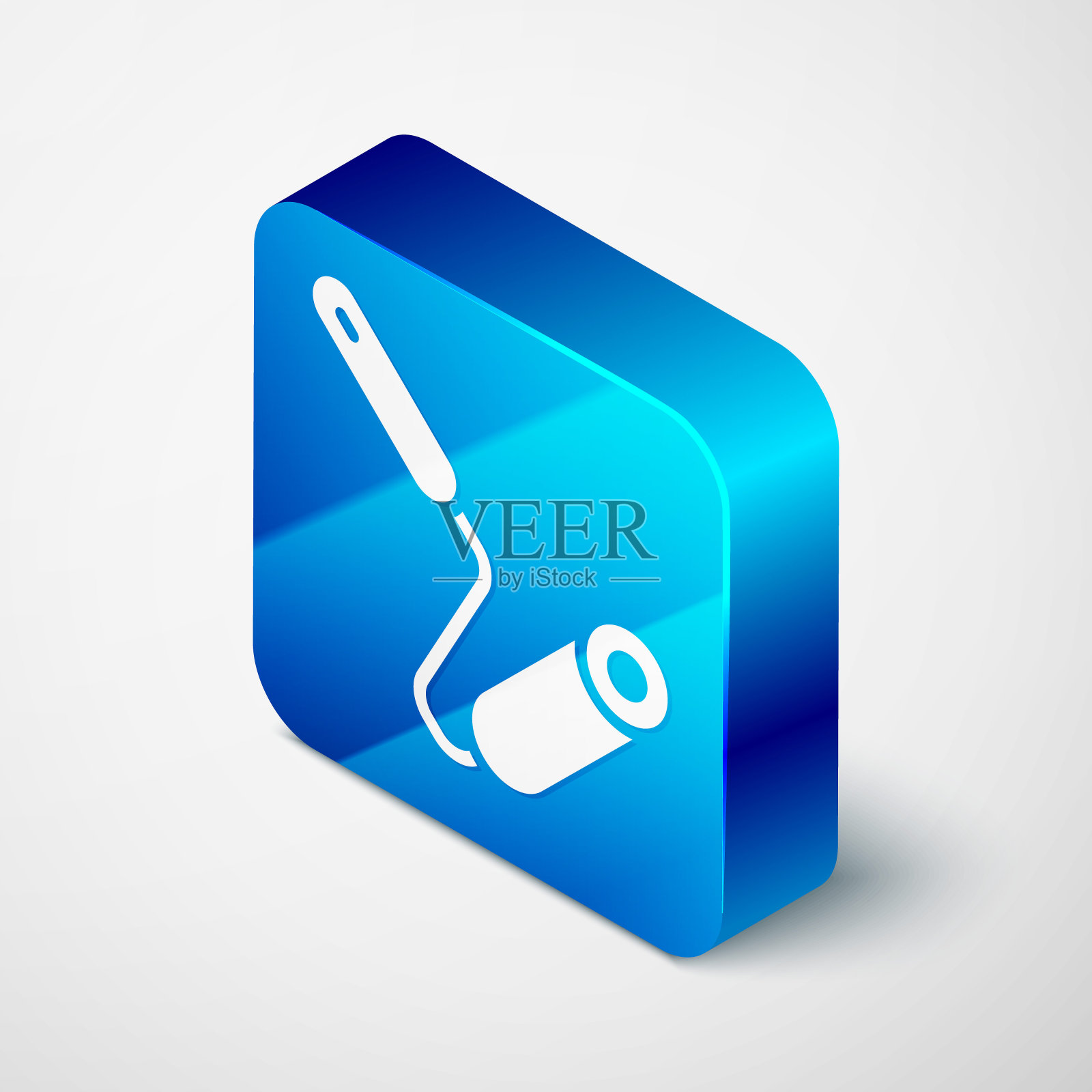 油漆滚筒刷图标隔离在灰色背景。蓝色方块按钮。向量图标素材