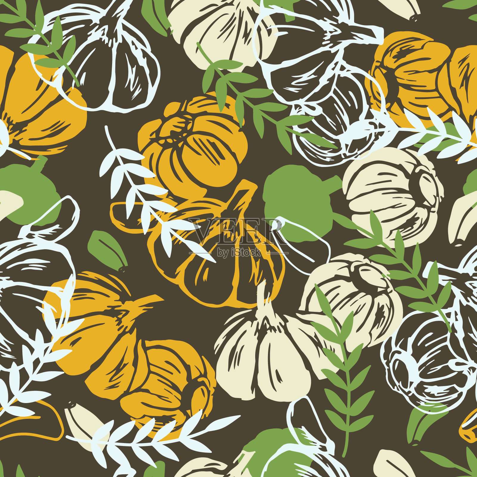 大蒜和大蒜灯泡抽象矢量图形无缝模式插画图片素材