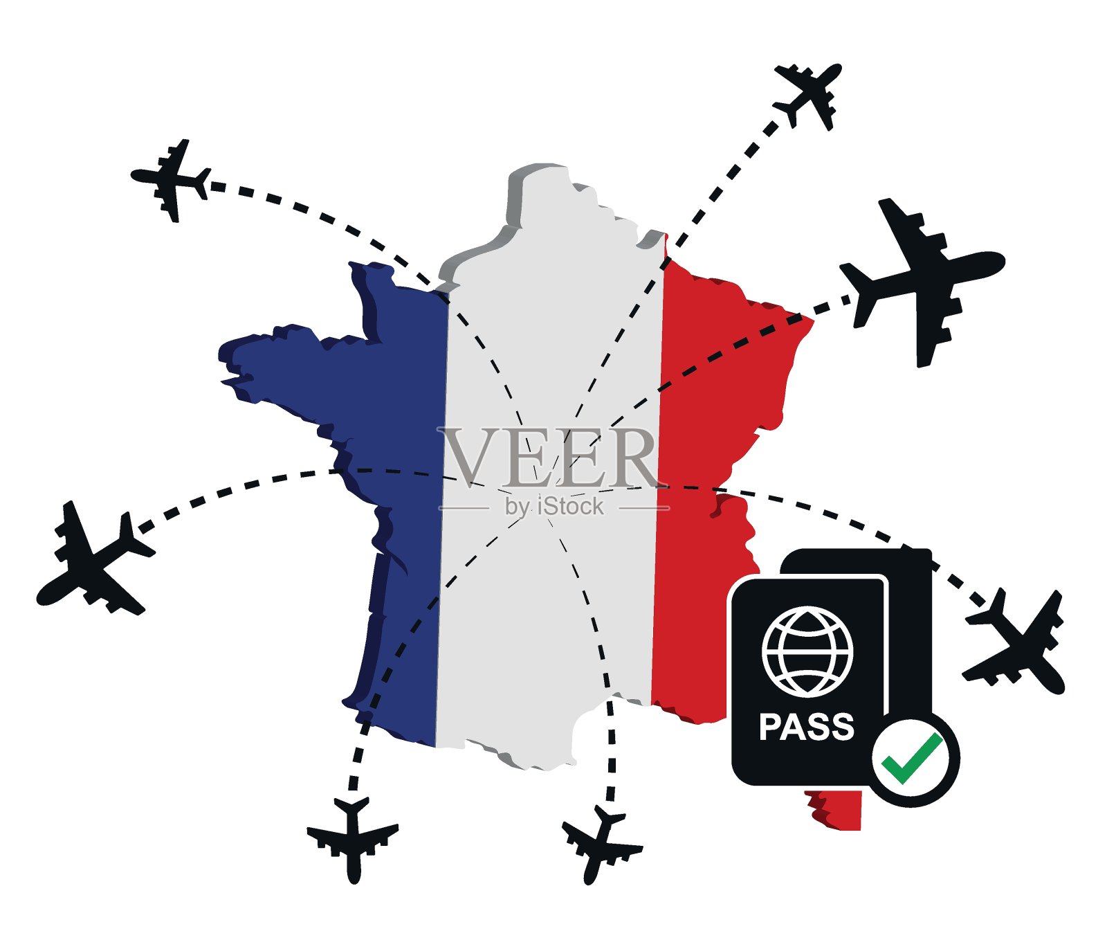 安全的旅行概念。护照标志与法国国旗和地图。旅游和度假的概念。插画图片素材