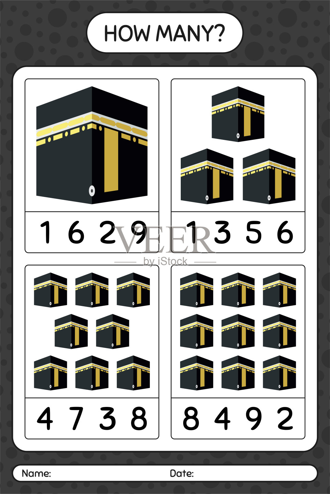 有多少场与克尔白的数数游戏。学龄前儿童的工作表，儿童活动表，可打印的工作表插画图片素材