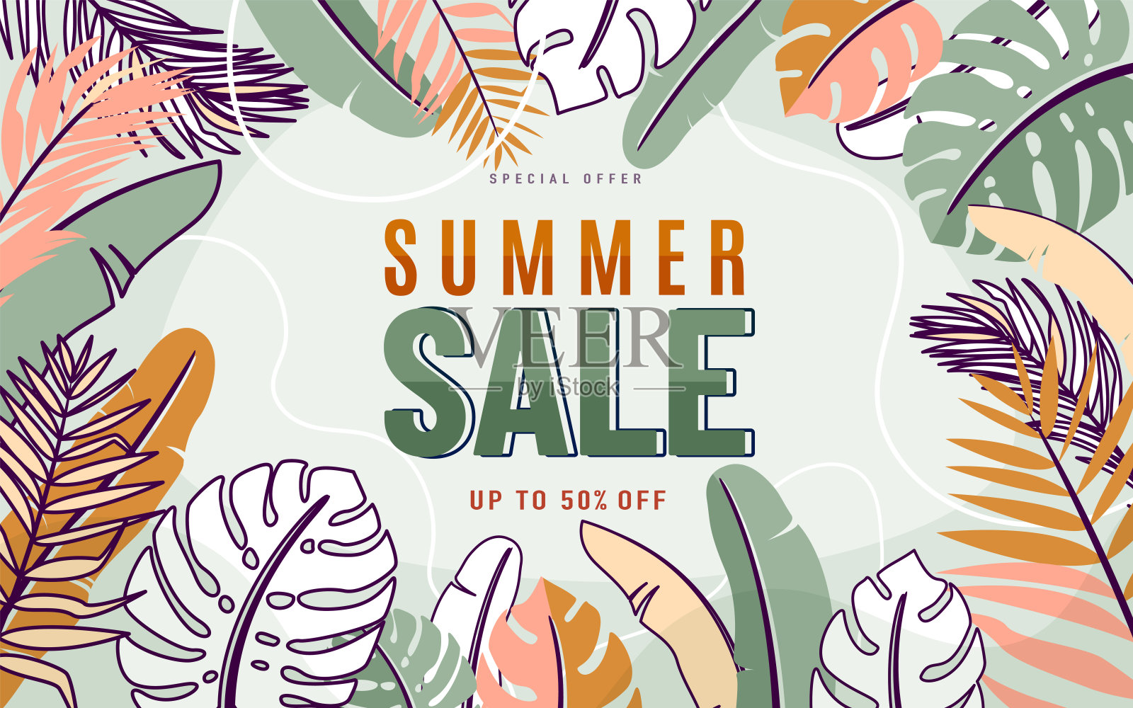 夏季销售矢量背景与自然热带叶边框，白色线条。促销设计夏季卡模板在绿色和粉红色的颜色设计模板素材