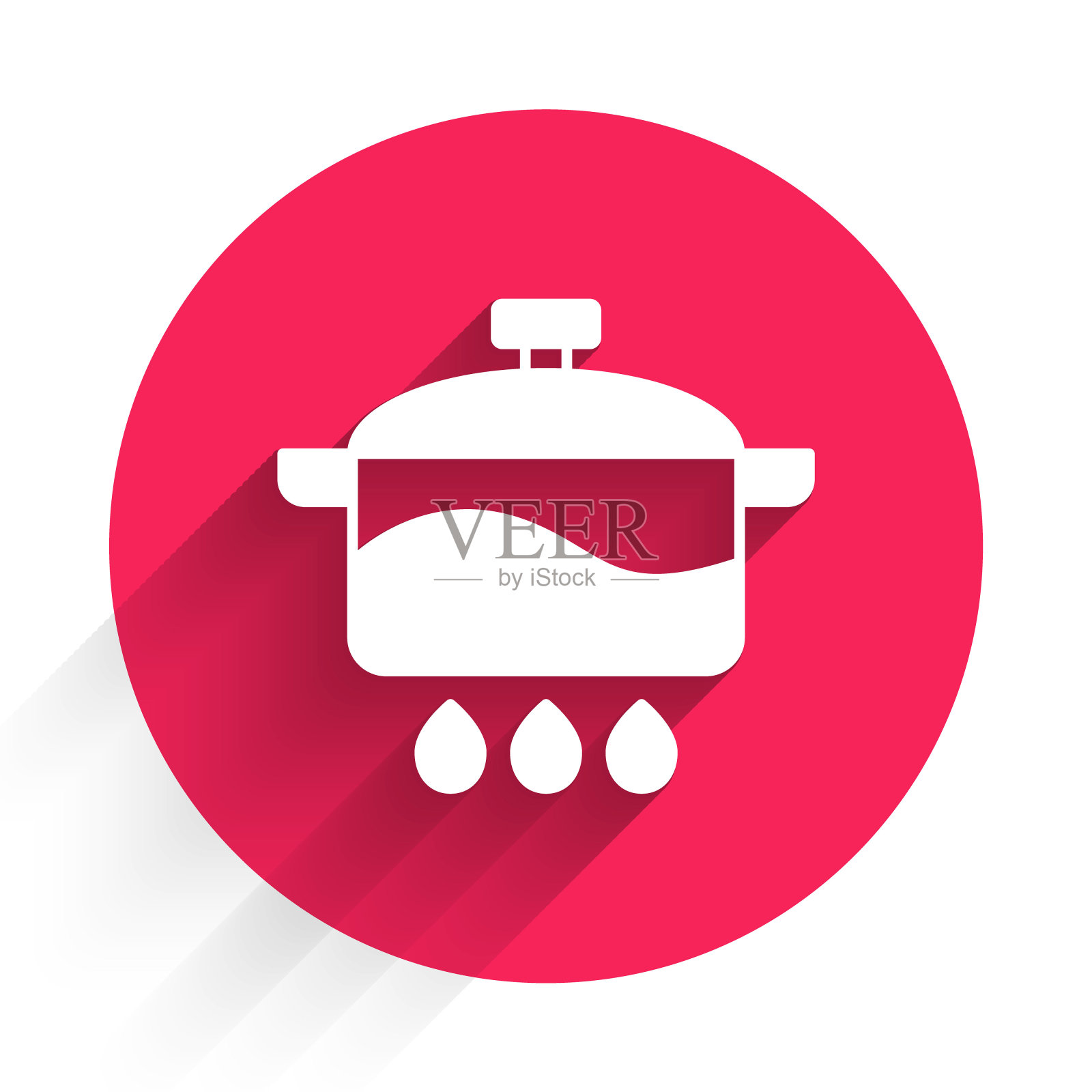 白色烹饪锅图标孤立与长影子。煮或炖食物的象征。红色圆圈按钮。向量插画图片素材