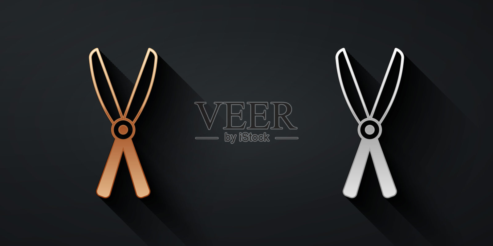 金和银园艺手工剪刀修剪图标孤立在黑色背景。有木柄的修枝剪。长长的阴影风格。向量设计元素图片
