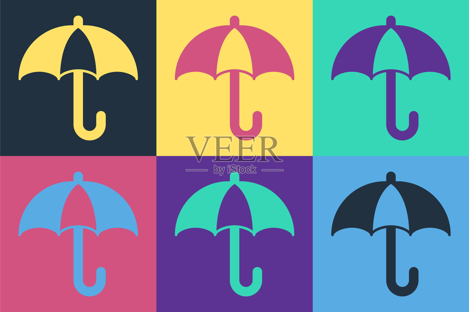 波普艺术经典优雅的打开伞图标孤立的颜色背景。雨保护的象征。向量插画图片素材