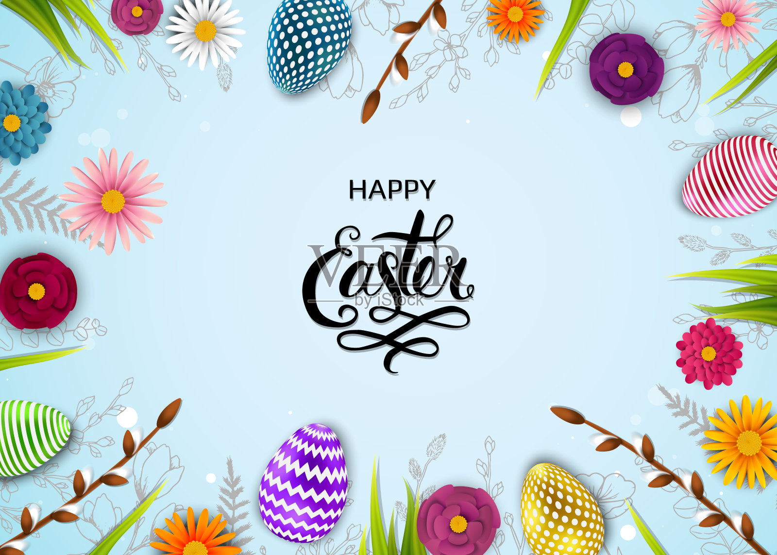 模板向量卡与鸡蛋和花，柳树。手绘元素涂鸦。插画图片素材