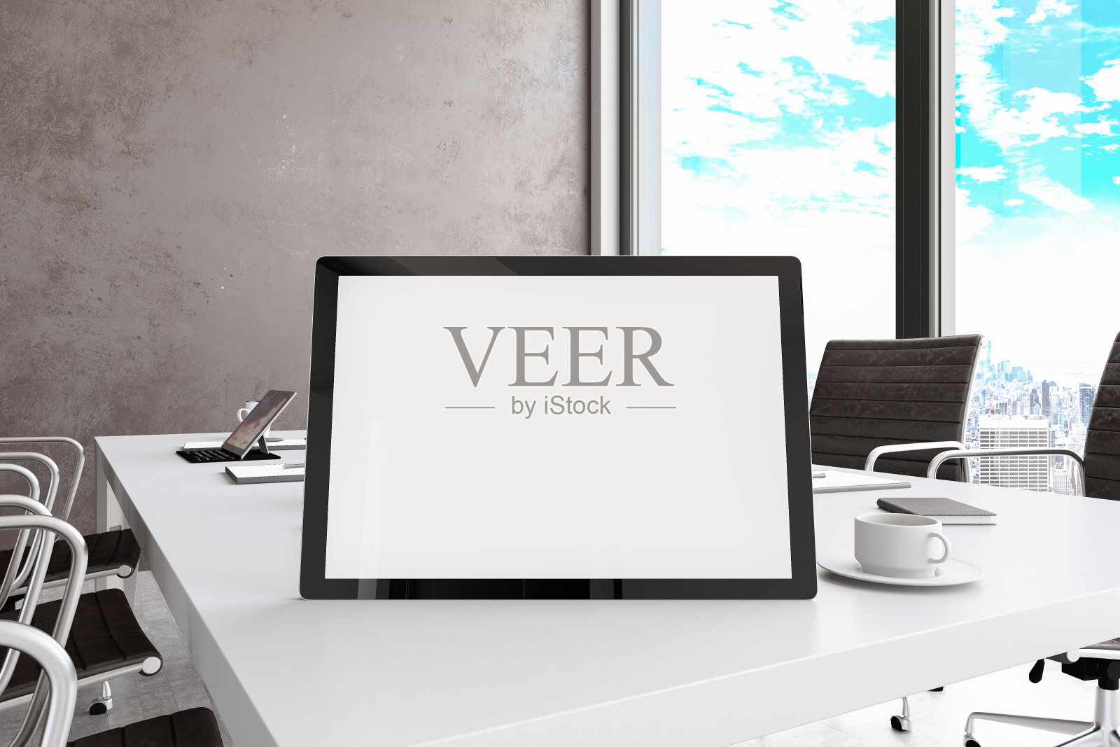 现代化的办公室配备了黑屏平板电脑照片摄影图片