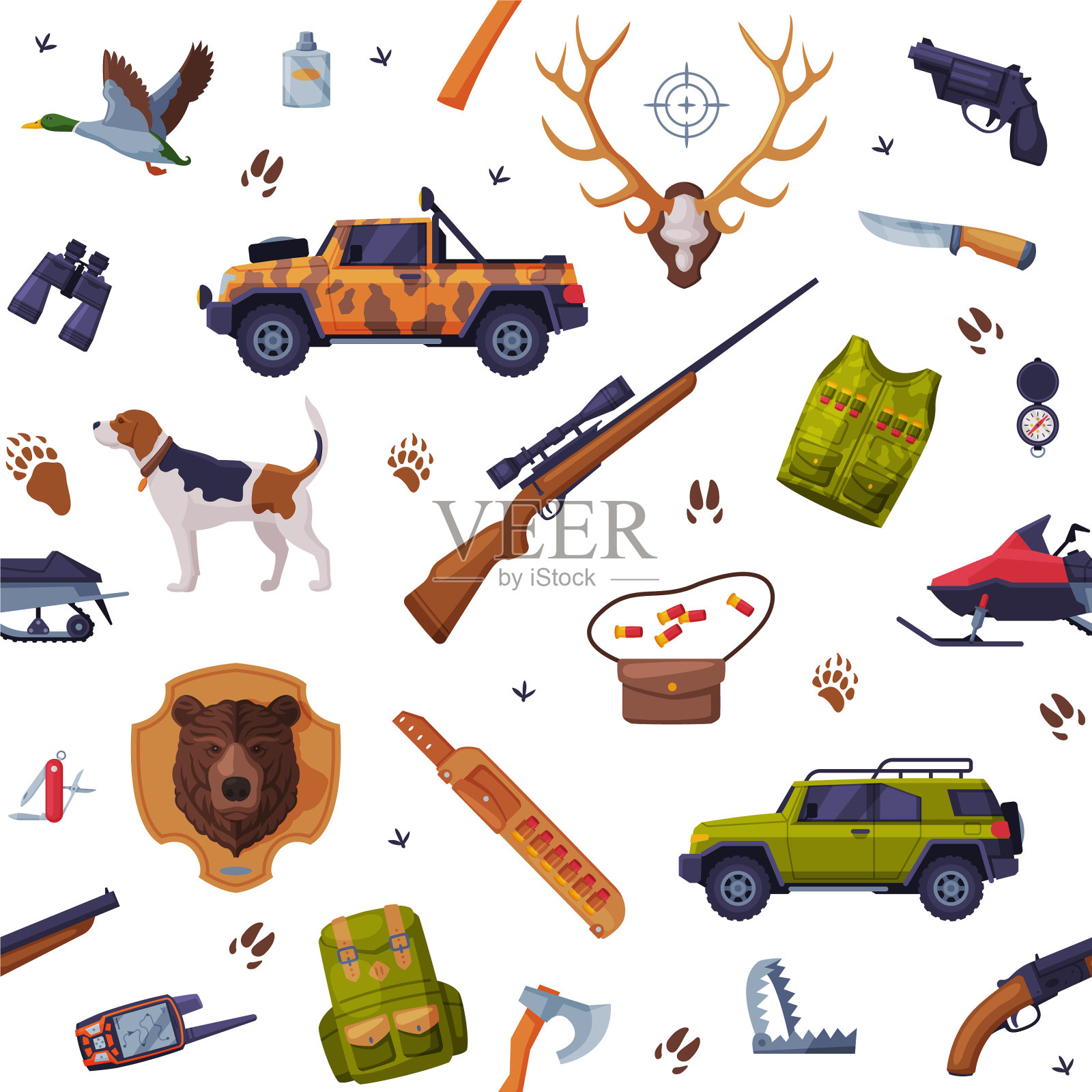 猎人属性无缝图案狩猎季节插画图片素材