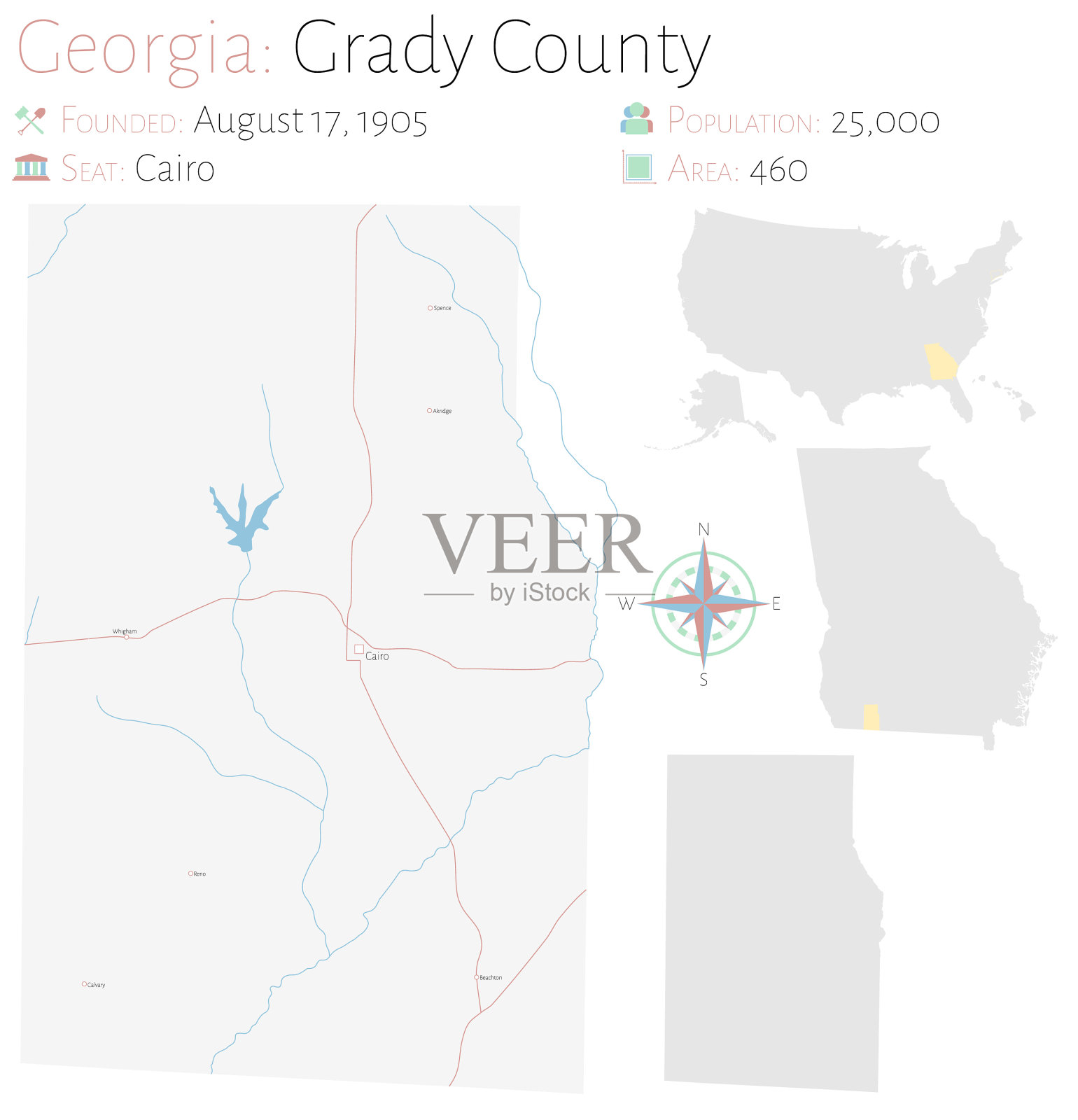 乔治亚州格雷迪县的地图插画图片素材