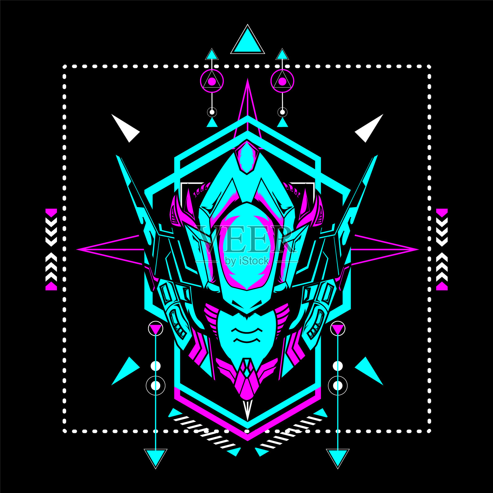 机甲头与神圣的几何框架插画图片素材
