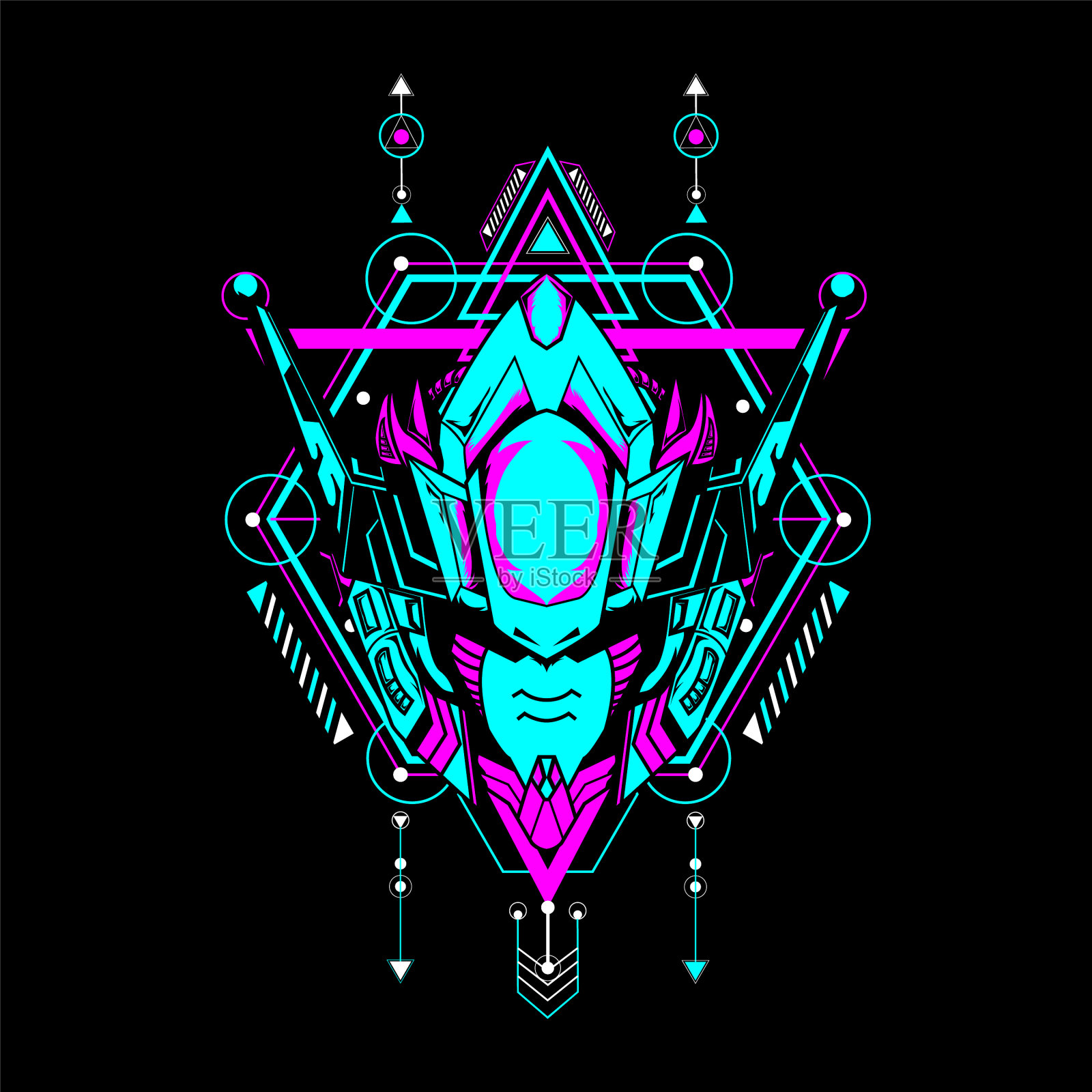 机甲头与神圣的几何框架插画图片素材