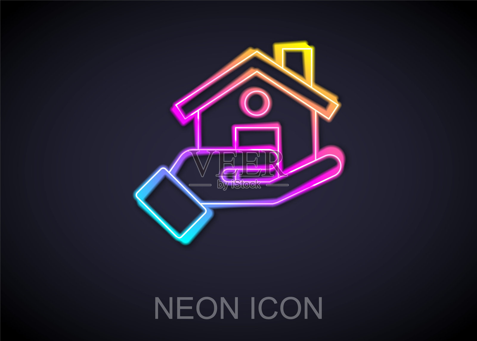 发光的霓虹灯线房地产经纪人图标孤立在黑色背景。买房子。向量图标素材