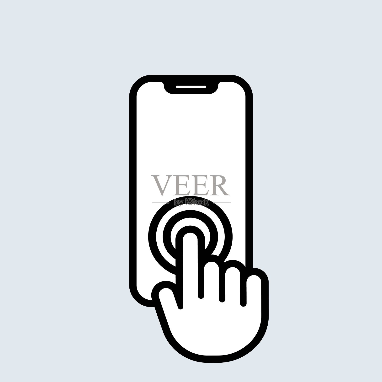 手按手机屏幕图标。手游标。矢量EPS 10。背景隔离插画图片素材