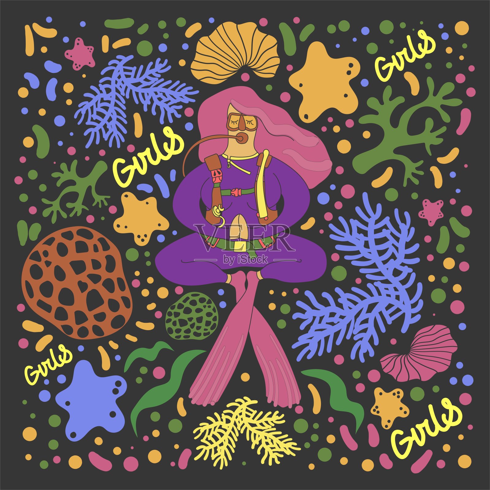 女孩在水下冥想。矢量插图。女孩在潜水。潜水的时候。水下，失重，美丽，女人，生活方式，放松，飞行，游泳，深，探索。插画图片素材