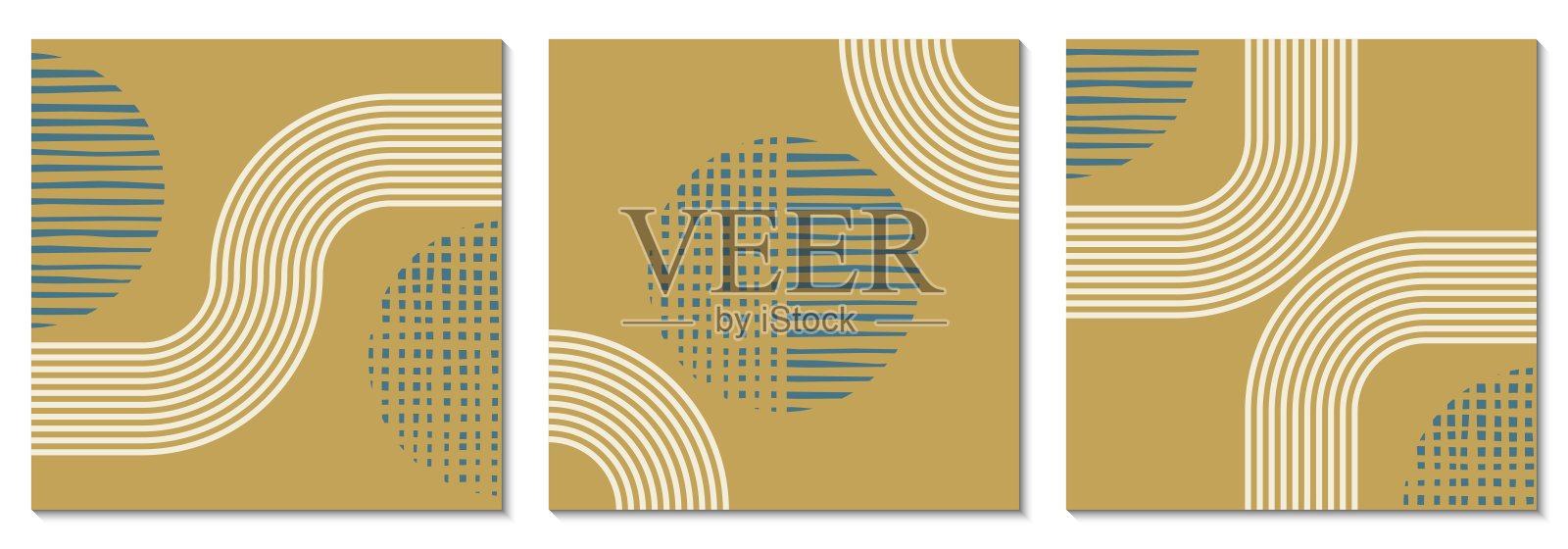 抽象艺术背景设置几何形状。圆形和线条的简约设计。方形当代海报，现代图形，时尚封面，印刷或墙纸设计模板。插画图片素材