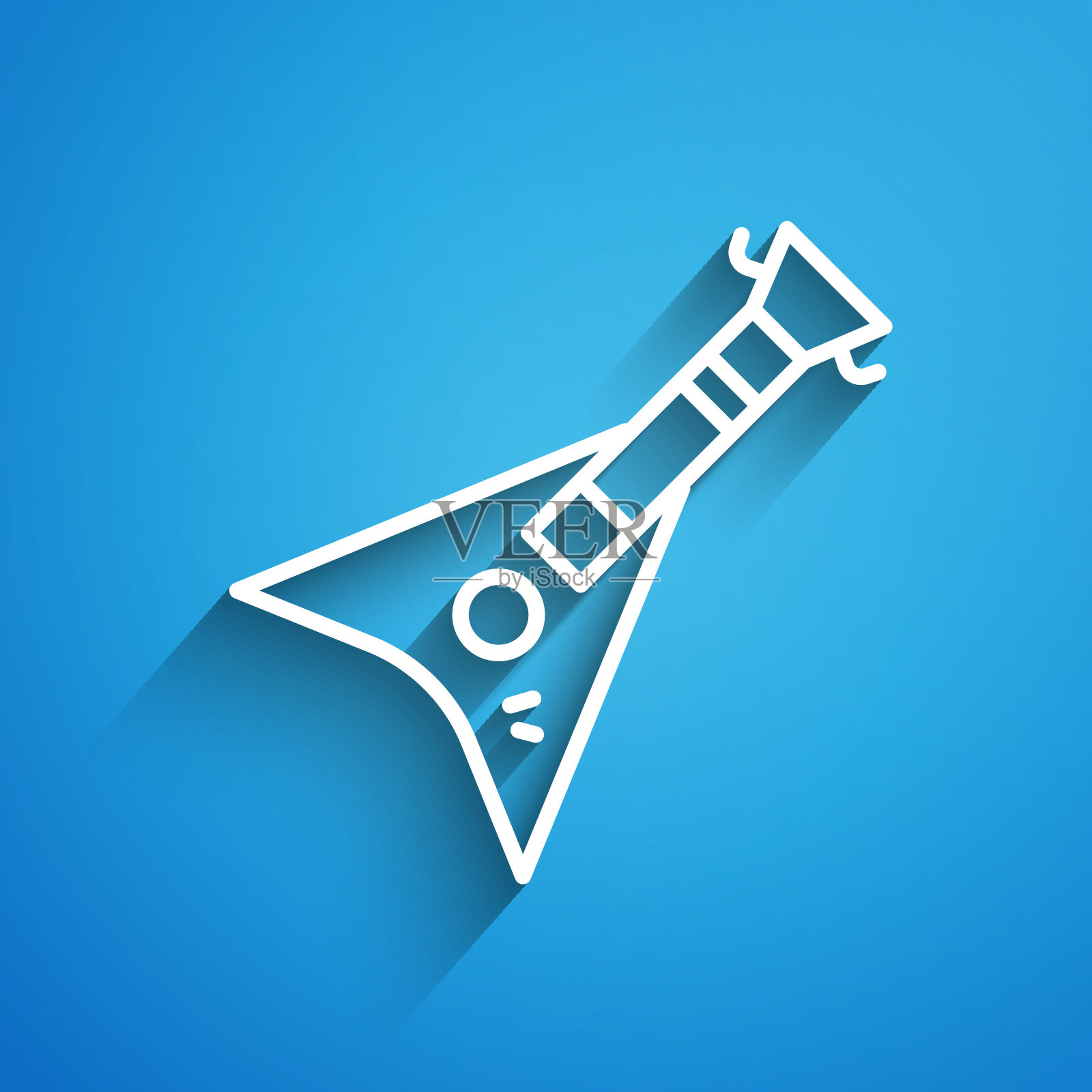 白线电子低音吉他图标孤立在蓝色背景。长长的阴影。向量插画图片素材