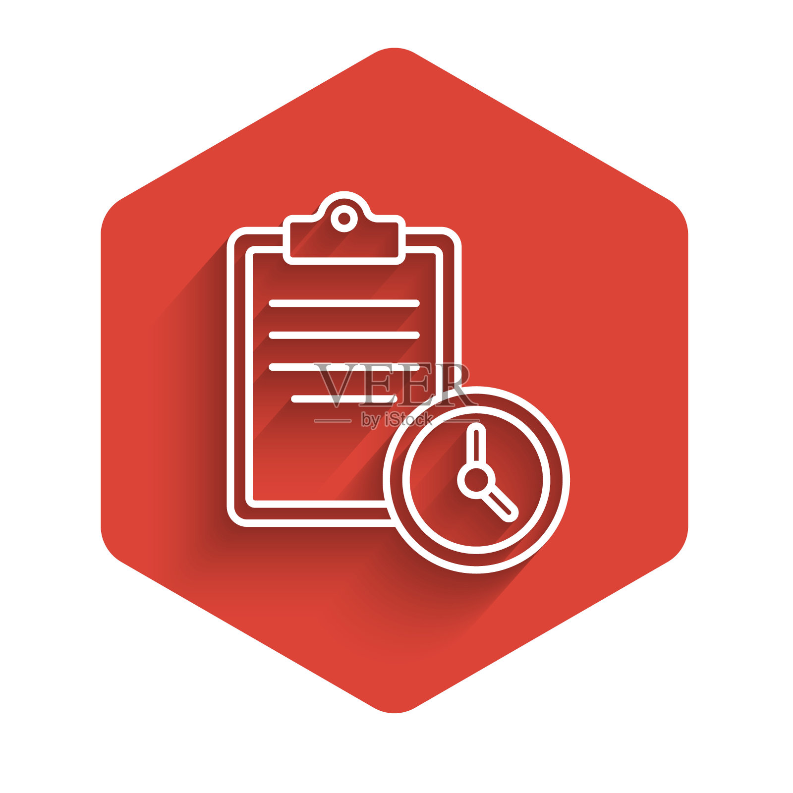 白线运动训练计划或健身计划图标孤立与长阴影。红色的六角按钮。向量插画图片素材