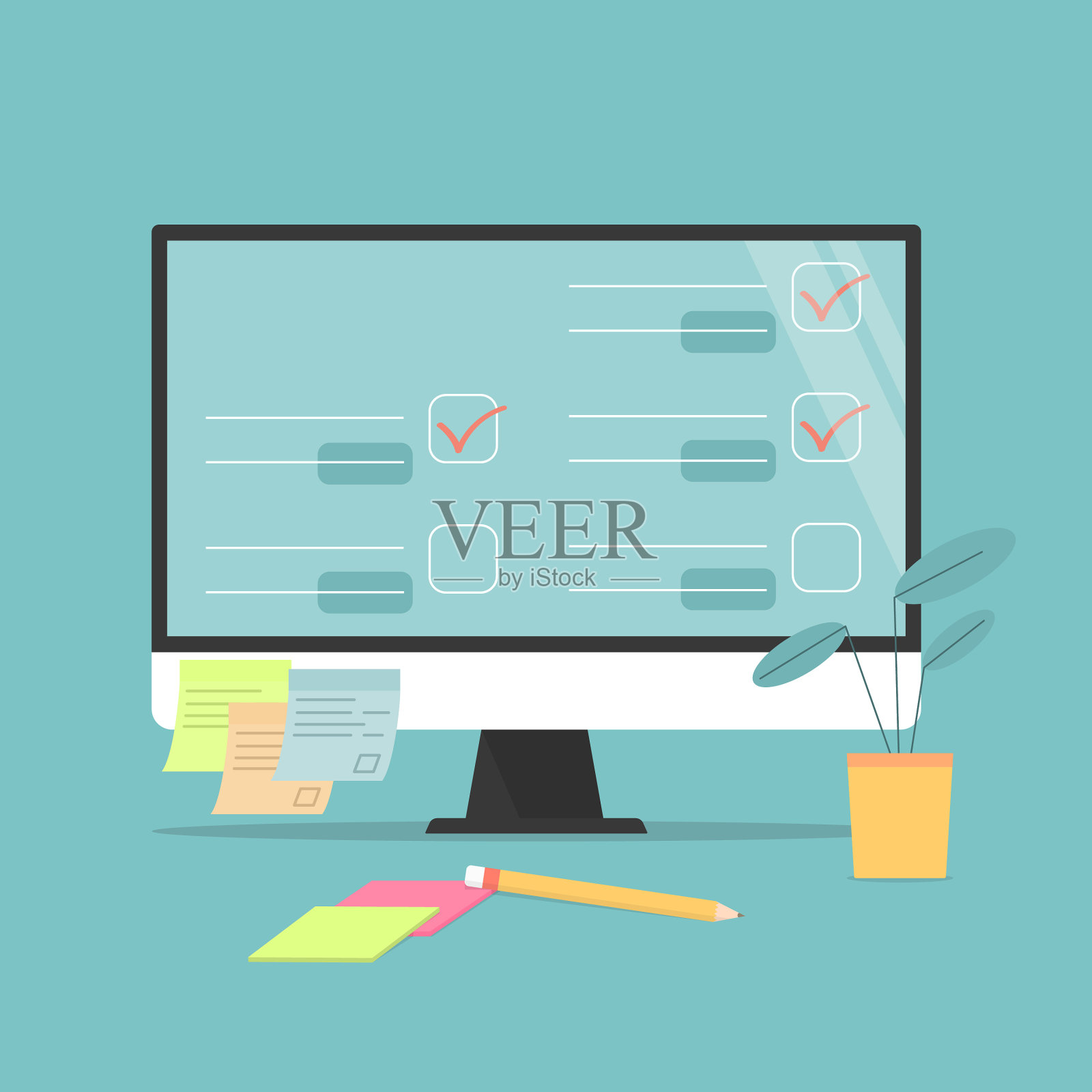 笔记本电脑和办公桌上的检查表文件插画图片素材