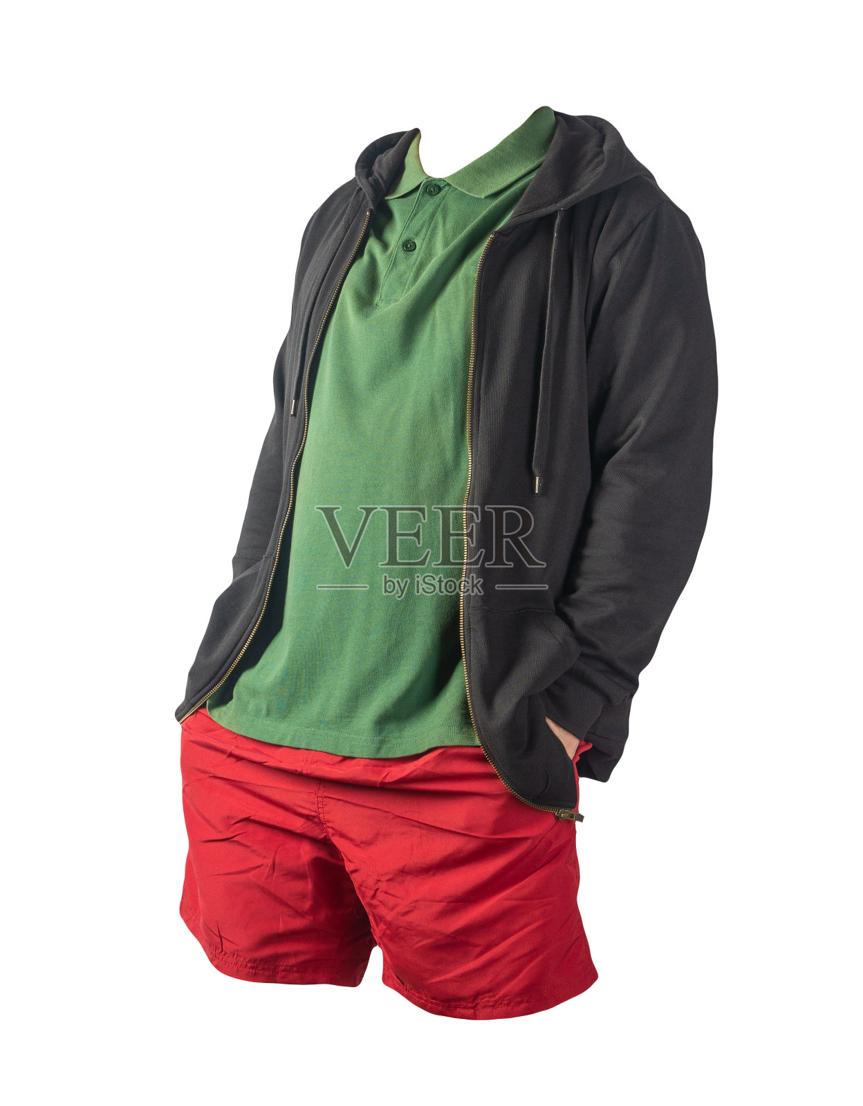 运动衫与铁拉链帽衫，衬衫和运动短裤孤立的白色背景。休闲运动服装照片摄影图片