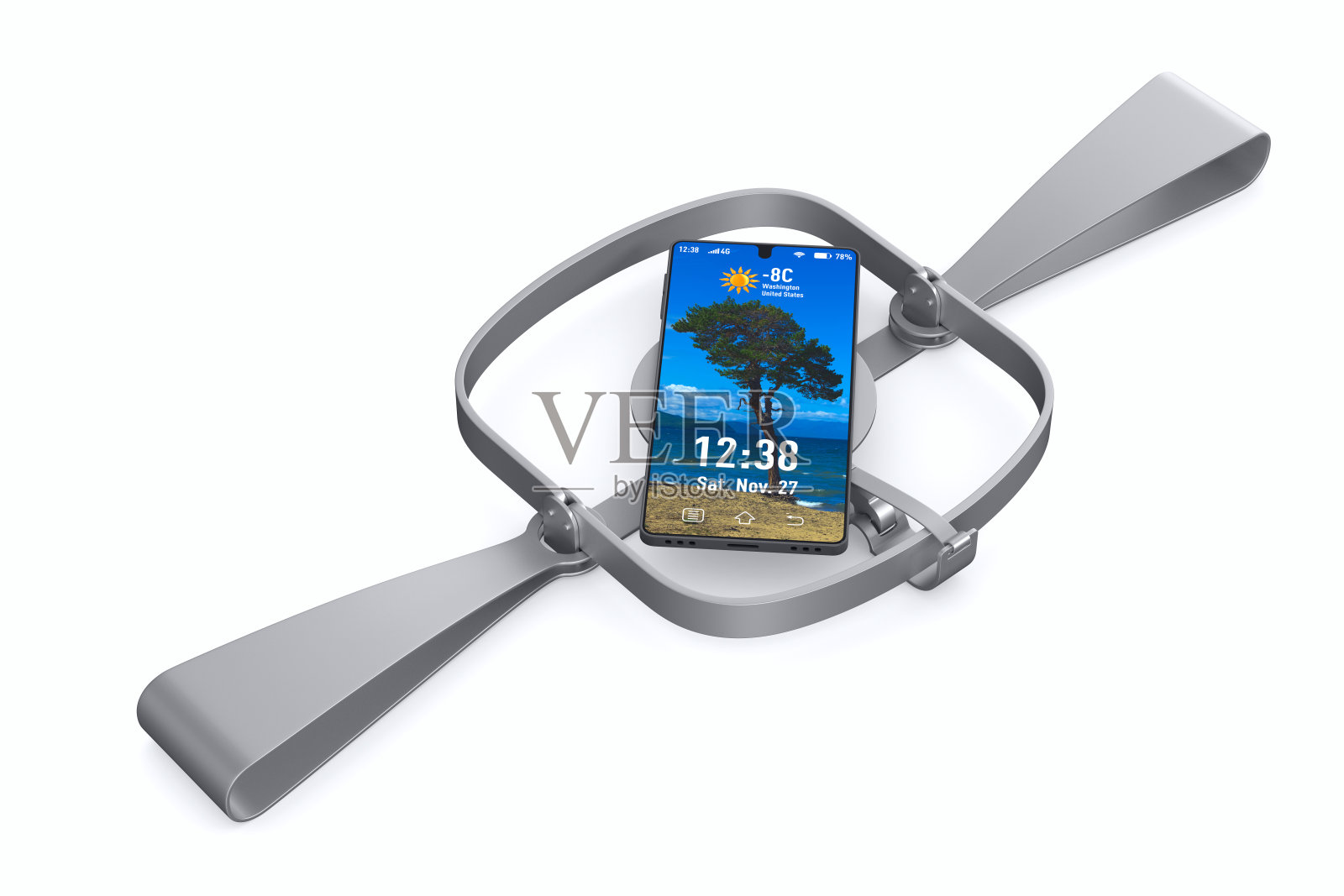 捕熊器和白色背景的电话。孤立的3 d演示照片摄影图片