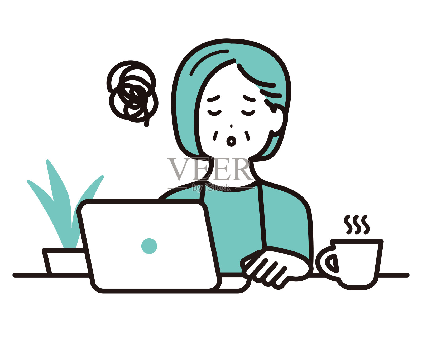 一个穿着便衣的商人在个人电脑上工作的插图。中年妇女。一种尴尬、担心的表情。插画图片素材