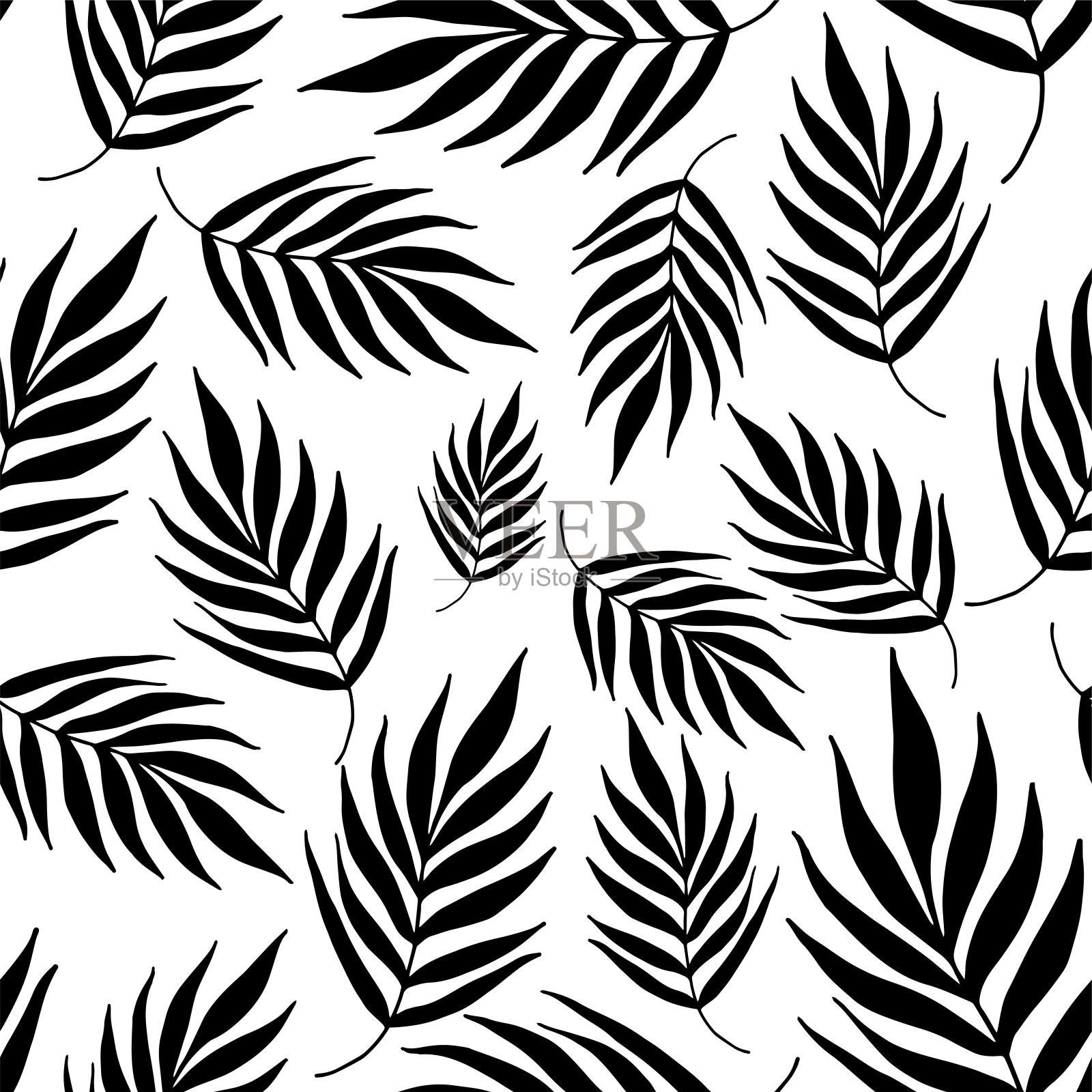 无缝图案手绘热带植物、叶、叶。在涂鸦风格，黑色的轮廓孤立在白色的背景。插画图片素材