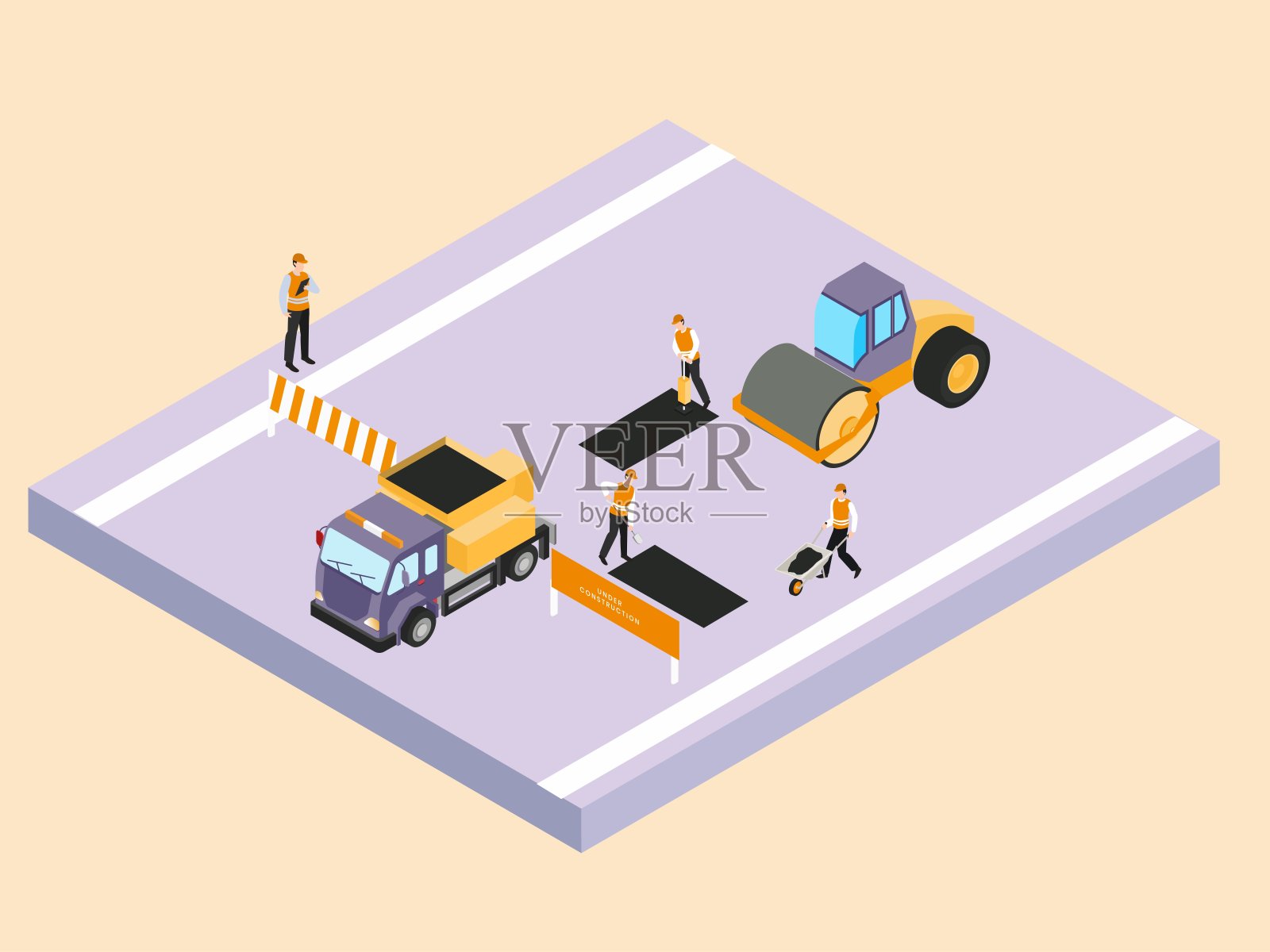 一群修路工人插画图片素材