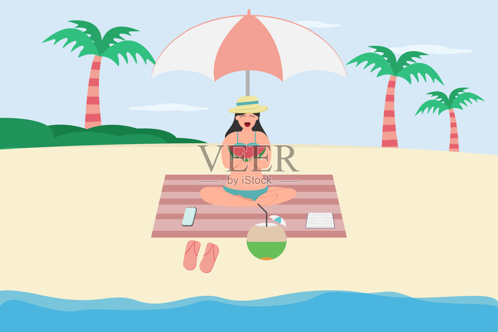 年轻女子在海滩上吃新鲜西瓜插画图片素材